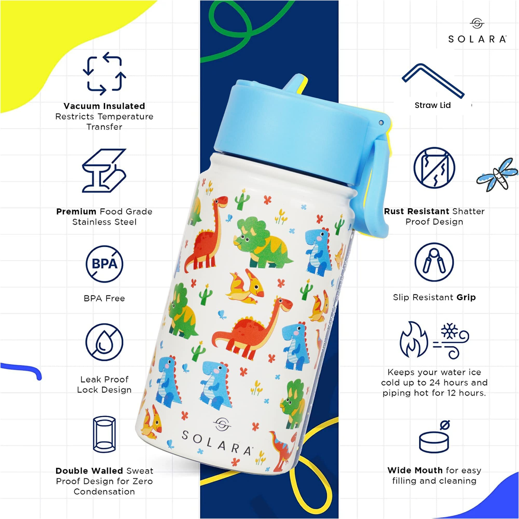 SOLARA Water Bottle for Kids 450ml, Kids Water Bottle, Sipper Bottle for Kids, Thermosteel Kids Bottle, Stainless Steel Water Bottle for Kids, Straw Bottle for Kids, Dino