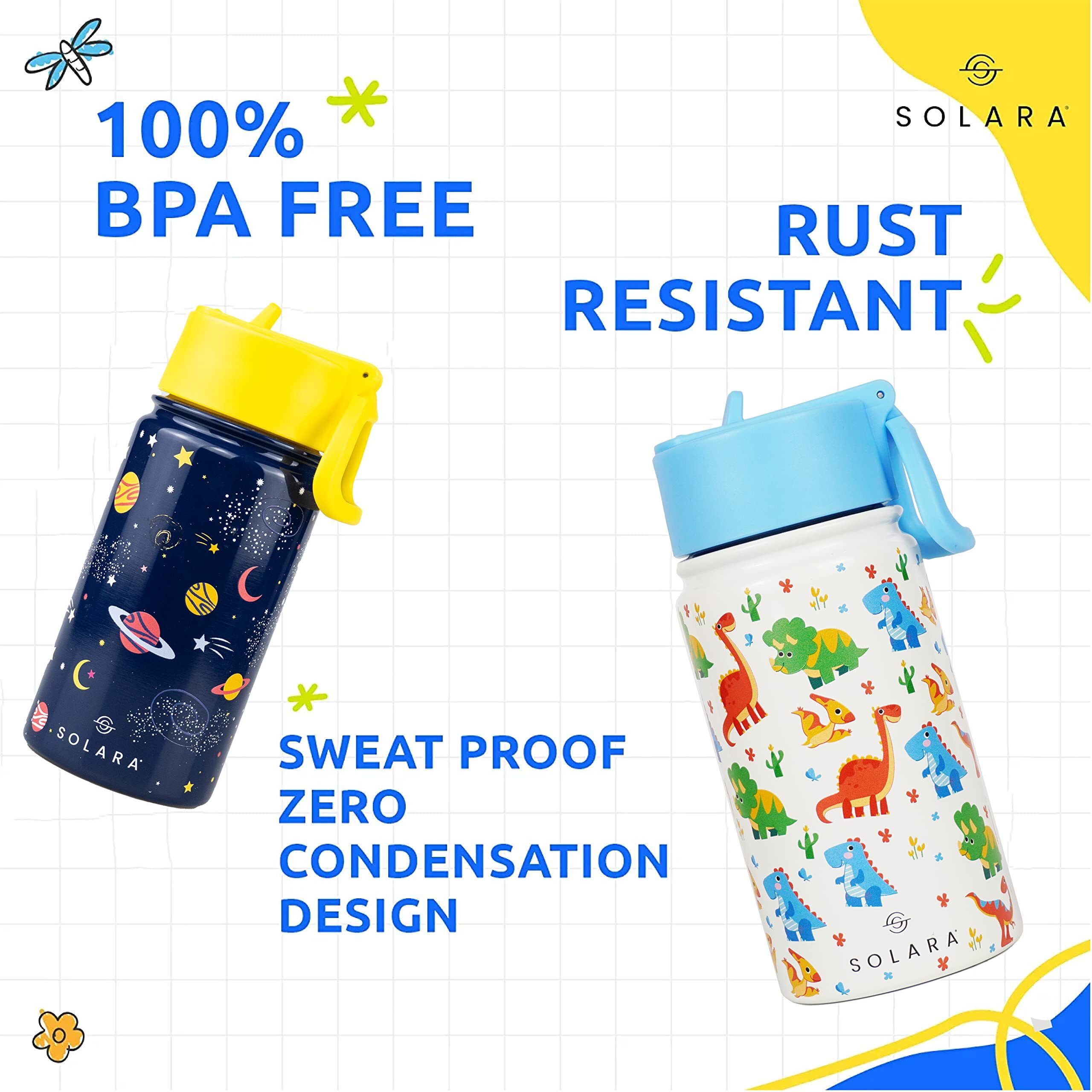 SOLARA Water Bottle for Kids 450ml, Kids Water Bottle, Sipper Bottle for Kids, Thermosteel Kids Bottle, Stainless Steel Water Bottle for Kids, Straw Bottle for Kids, Dino