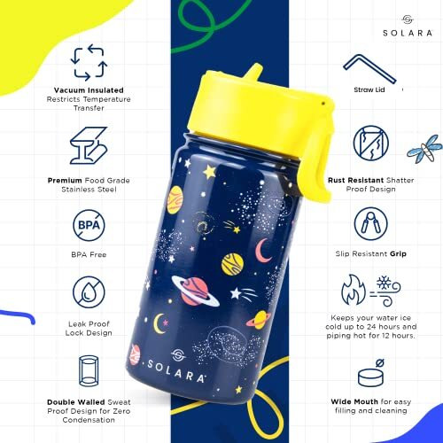 SOLARA Water Bottle for Kids 450ml, Kids Water Bottle, Sipper Bottle for Kids, Thermosteel Kids Bottle, Stainless Steel Water Bottle for Kids, Straw Bottle for Kids, Galaxy