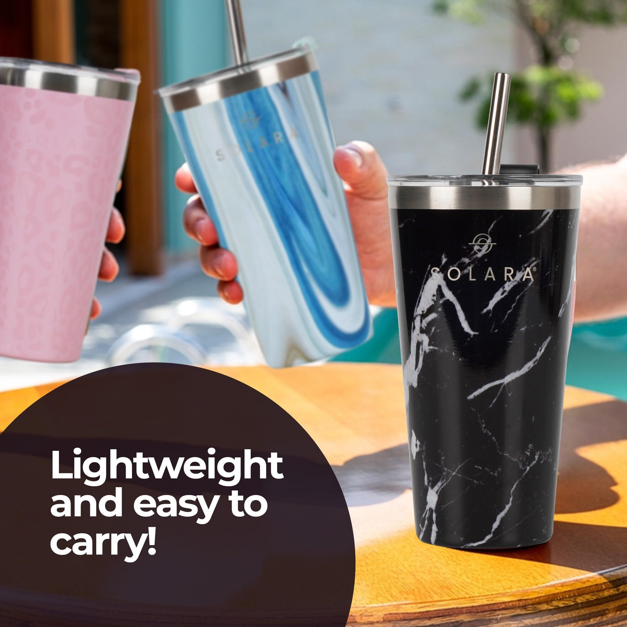 SOLARA Tumbler with lid and straw 475ml, Double Wall Insulated Stainless Steel Coffee Tumbler, Travel Mug with Lid, Hot and Cold Coffee Mug with lid for Office, Home and Travel -Black Marble