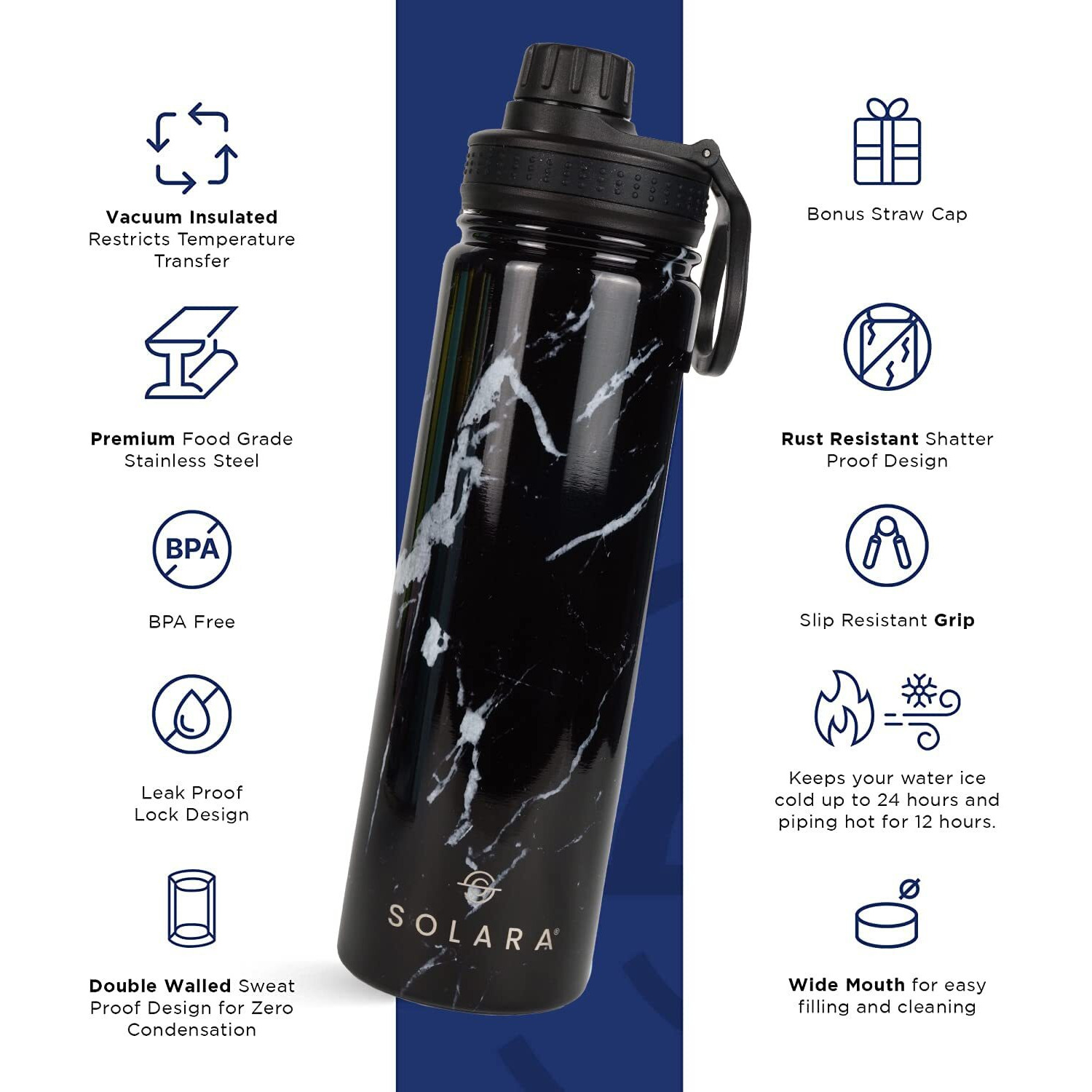 SOLARA Insulated Water Bottle 650ml, Hot Water Bottle, Thermosteel Water Bottle for Travel, Home, Office, School, Gym, Adults, Water Bottle Hot and Cold, Sipper Bottle, Black Marble