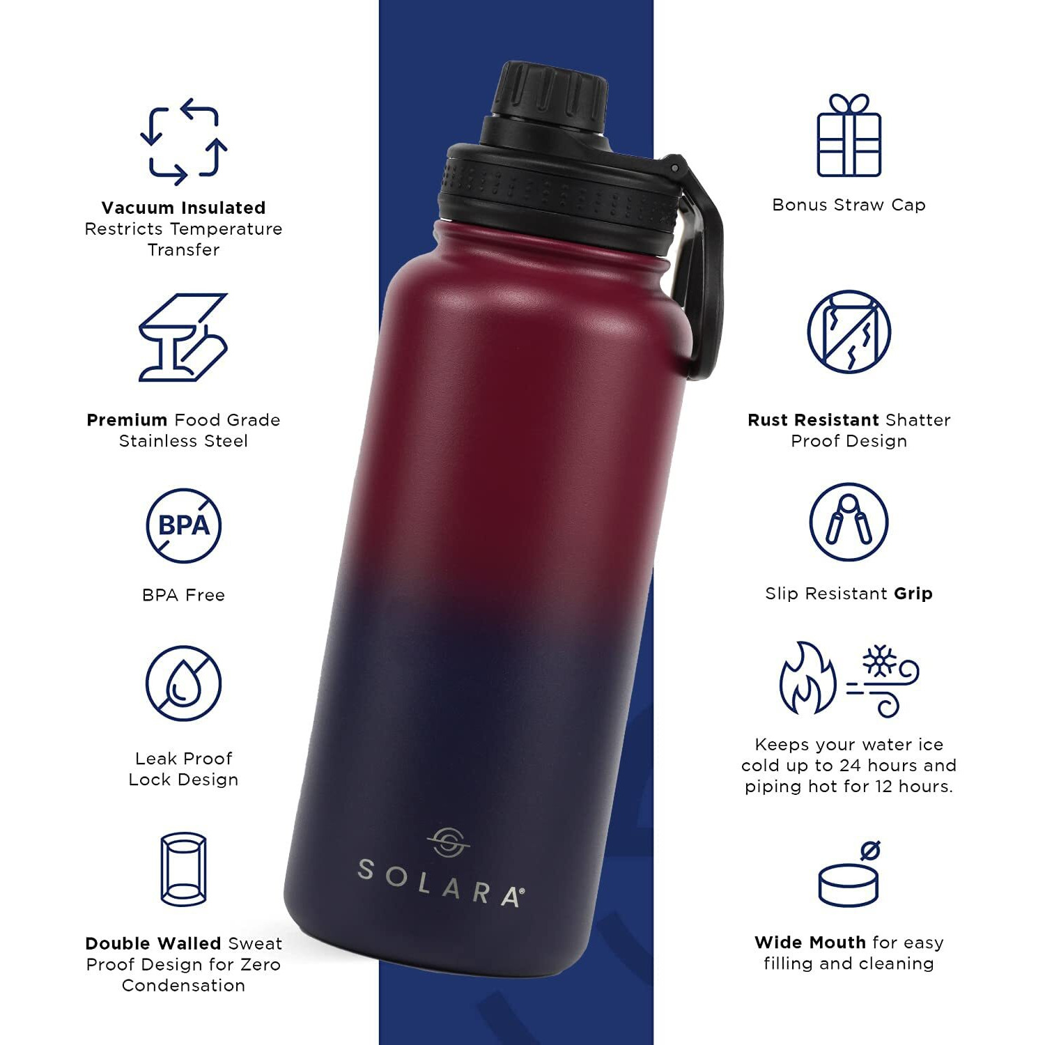 SOLARA Vacuum Insulated Water Bottle 1 litre | Hot Water Bottle | Hot and Cold Thermosteel bottle for Travel, Home, Office, School | Hot and Cold Sipper Bottle | Dark Intentions | 1L