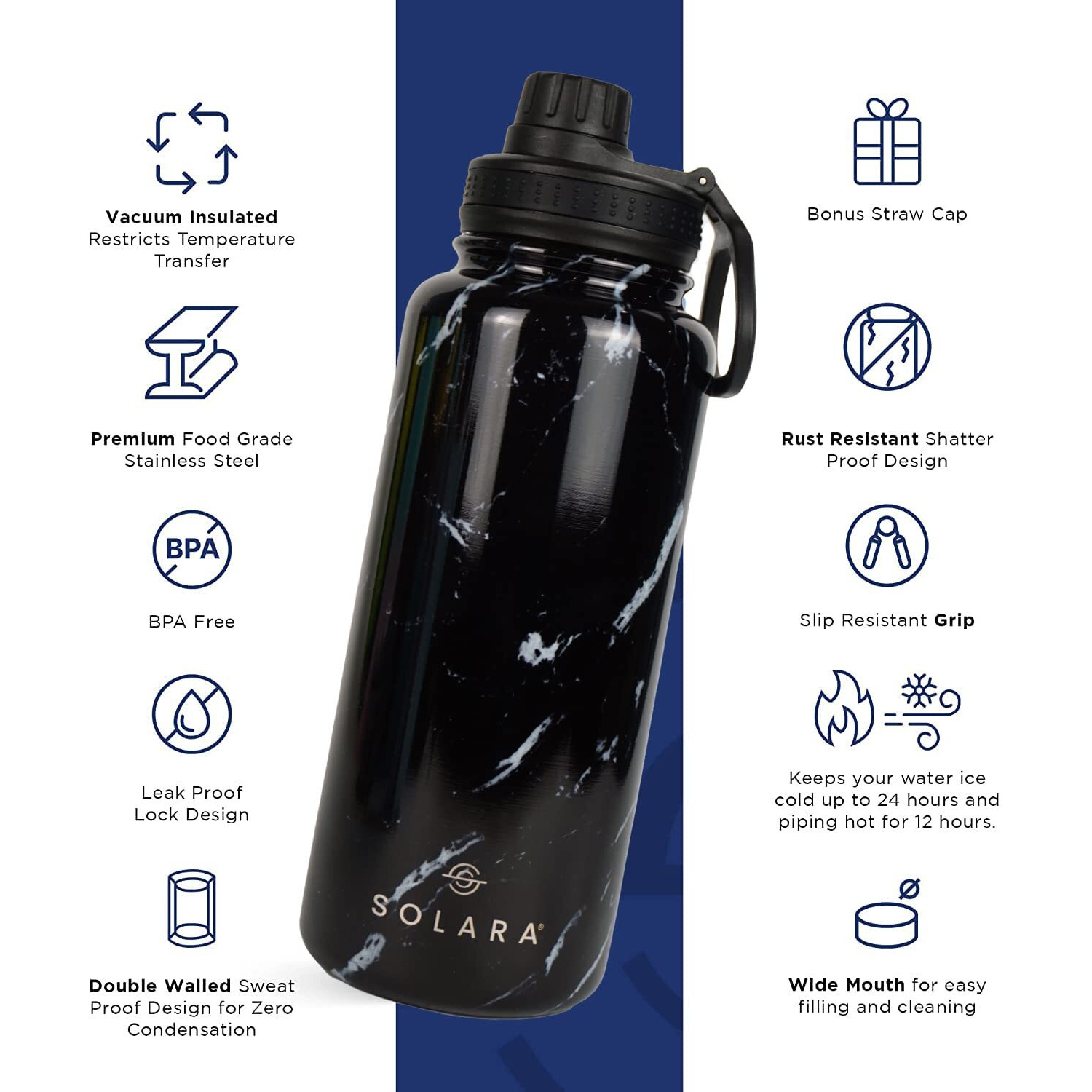 SOLARA Insulated Water Bottle 1000ml, Hot Water Bottle, Thermosteel Water Bottle for Travel, Home, Office, School, Gym, Adults, Water Bottle Hot and Cold, Sipper Bottle, Black Marble