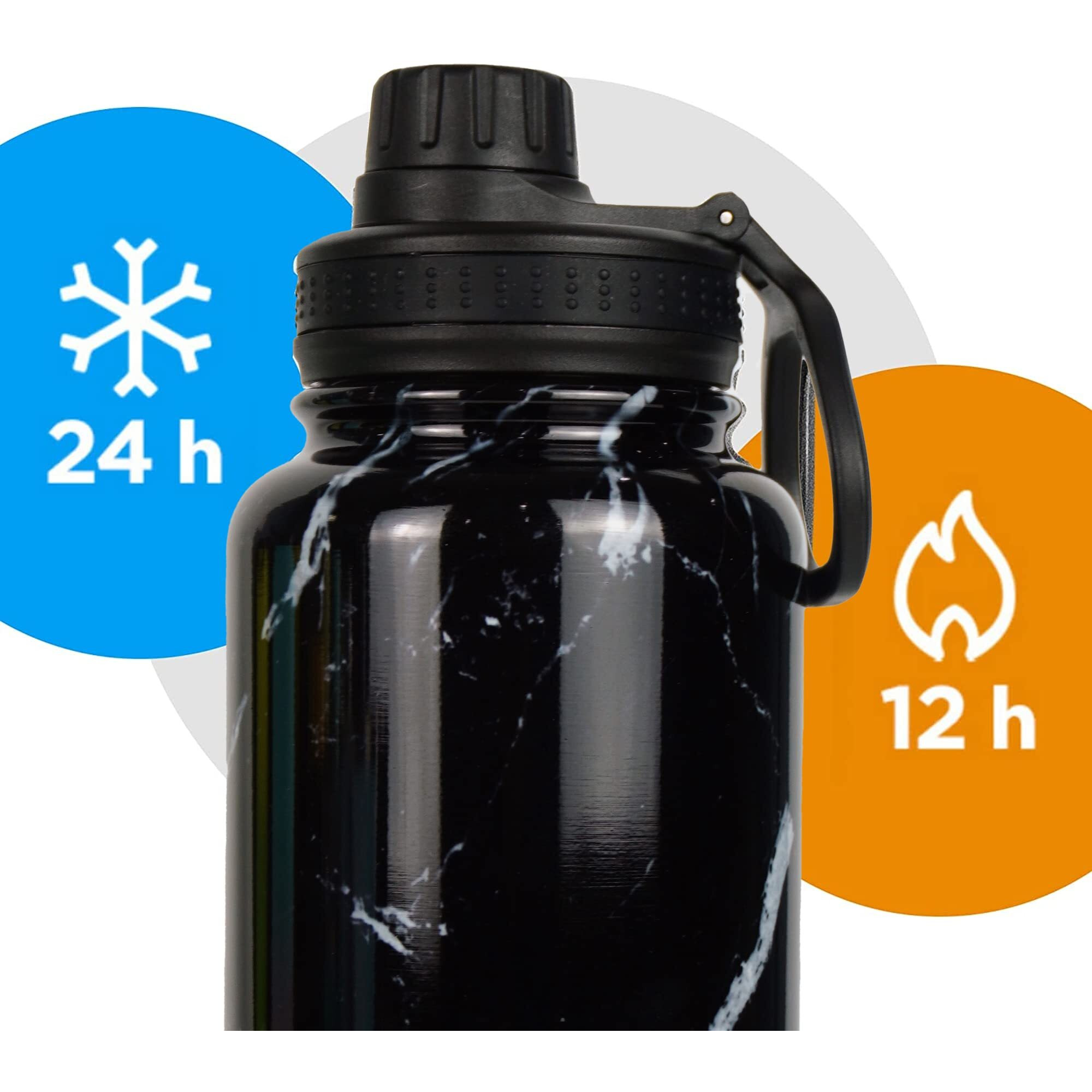 SOLARA Insulated Water Bottle 1000ml, Hot Water Bottle, Thermosteel Water Bottle for Travel, Home, Office, School, Gym, Adults, Water Bottle Hot and Cold, Sipper Bottle, Black Marble