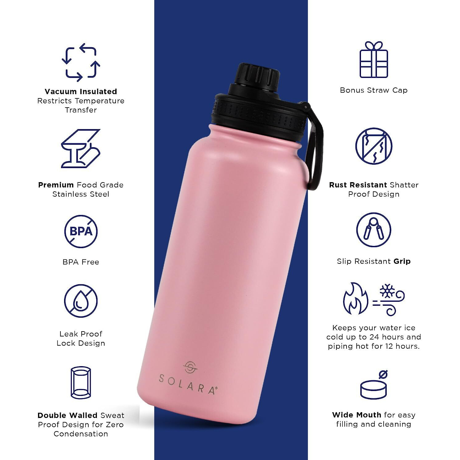 SOLARA Insulated Water Bottle 1000ml, Hot Water Bottle, Thermosteel Water Bottle for Travel, Home, Office, School, Gym, Adults, Water Bottle Hot and Cold, Sipper Bottle, Angle Pink