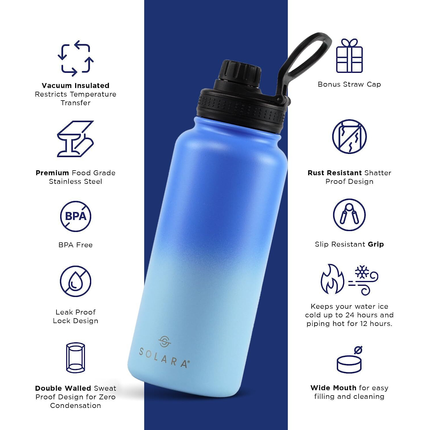 SOLARA Insulated Water Bottle 1000ml, Hot Water Bottle, Thermosteel Water Bottle for Travel, Home, Office, School, Gym, Adults, Water Bottle Hot and Cold, Sipper Bottle, Blue Wave