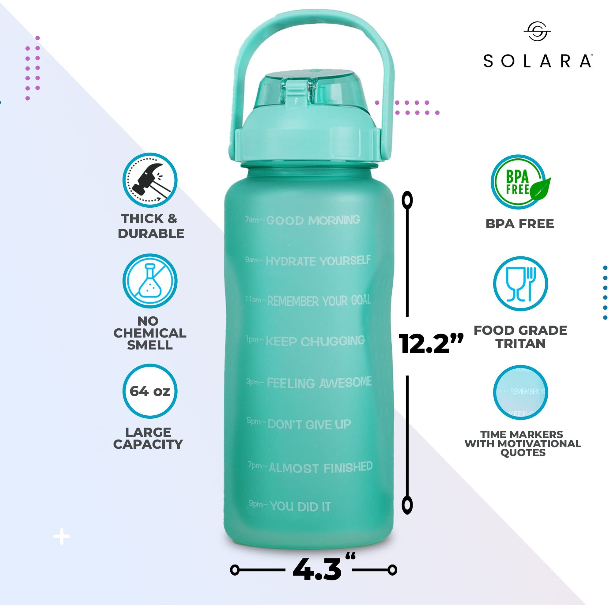 SOLARA Sipper Water Bottle for Adults with Motivational Time Marker, Leakproof Durable BPA Free Non-Toxic Water Bottle for office, 2Liter Water bottle for Gym, Cool Aqua 2L