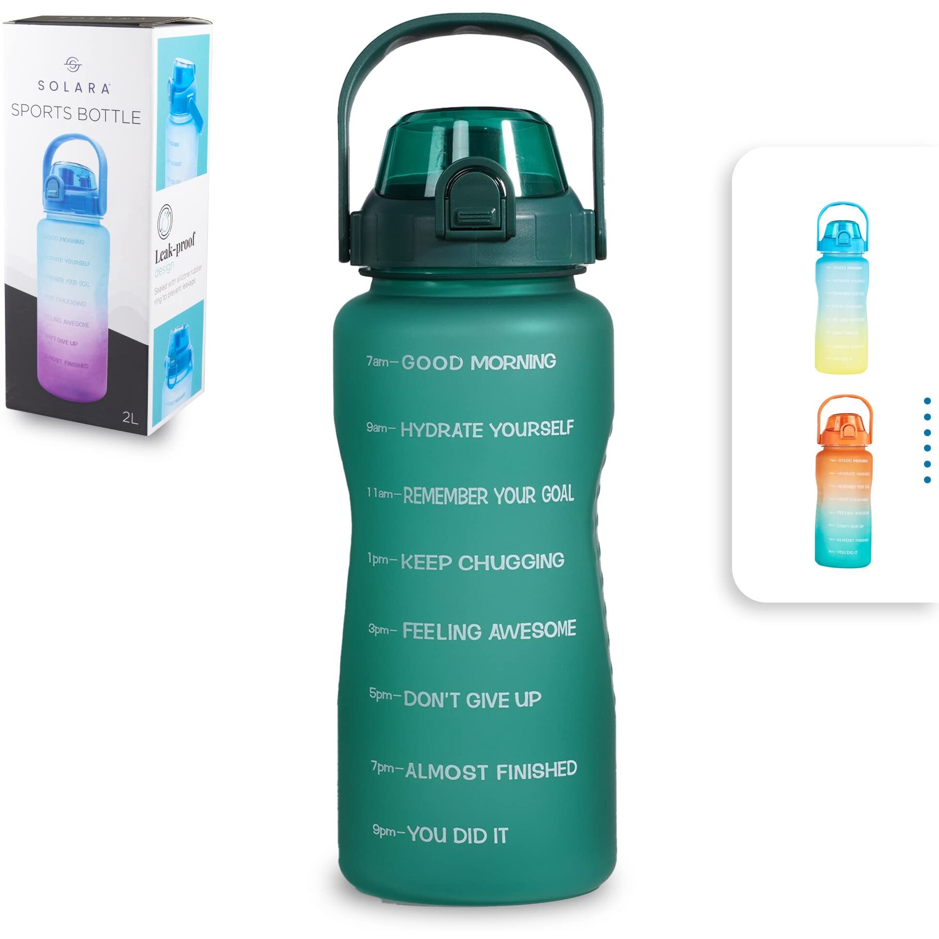 SOLARA Sipper Bottle for Adults 2 Litre with Motivational Time Marker, Leakproof Durable BPA Free Non-Toxic Bottle for Office, Gym, Detoxing eBook included, Hunter Green 2L