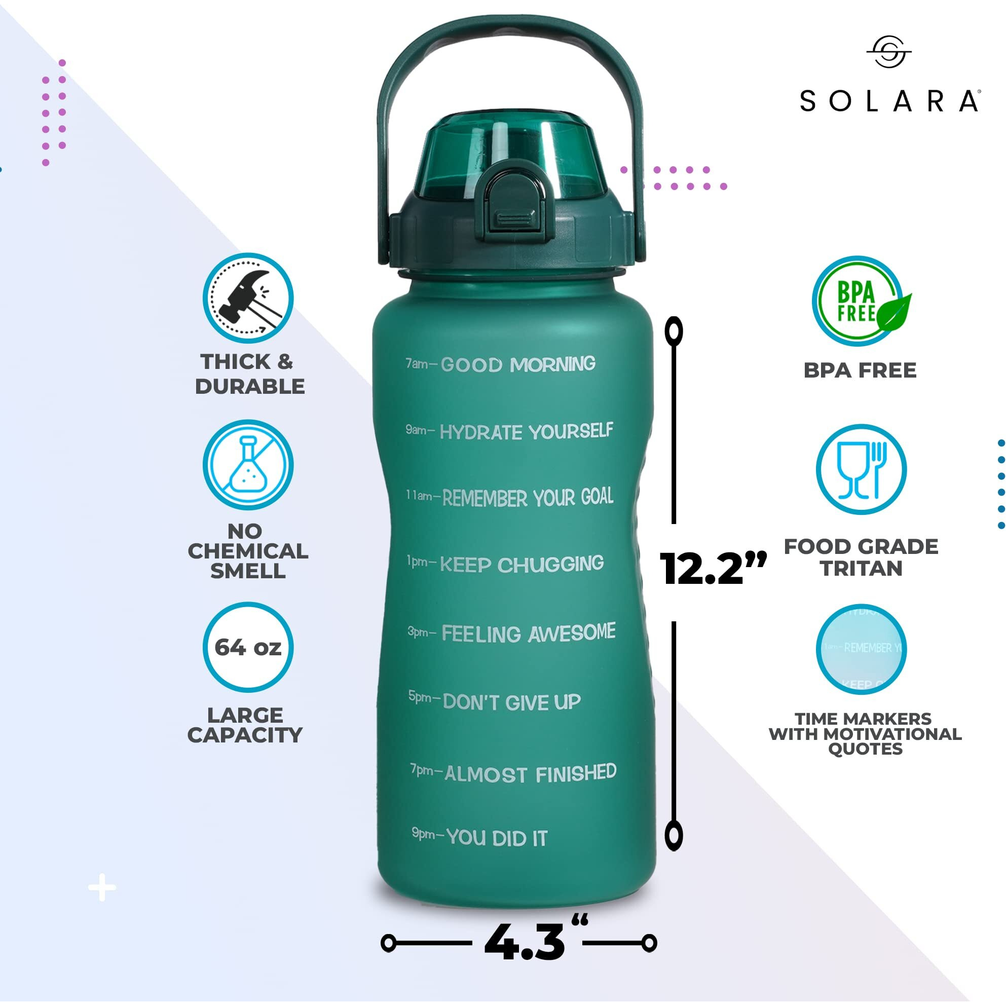 SOLARA Sipper Bottle for Adults 2 Litre with Motivational Time Marker, Leakproof Durable BPA Free Non-Toxic Bottle for Office, Gym, Detoxing eBook included, Hunter Green 2L
