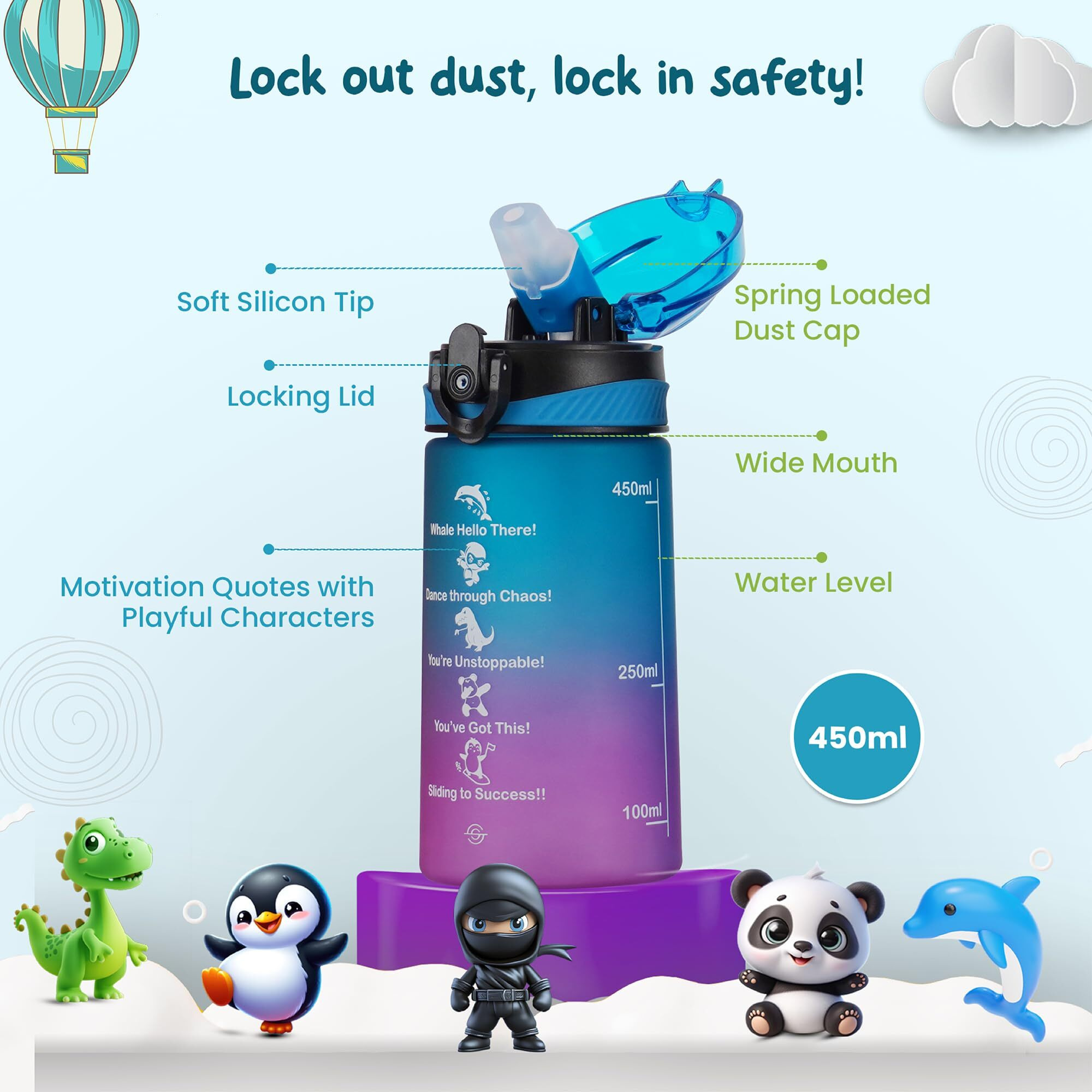 SOLARA 500ML Sipper Water Bottle with Motivational Time Marker, Sipper Bottle for Kids, Water bottle for Home, School | Blue Fuscia | 500 ML