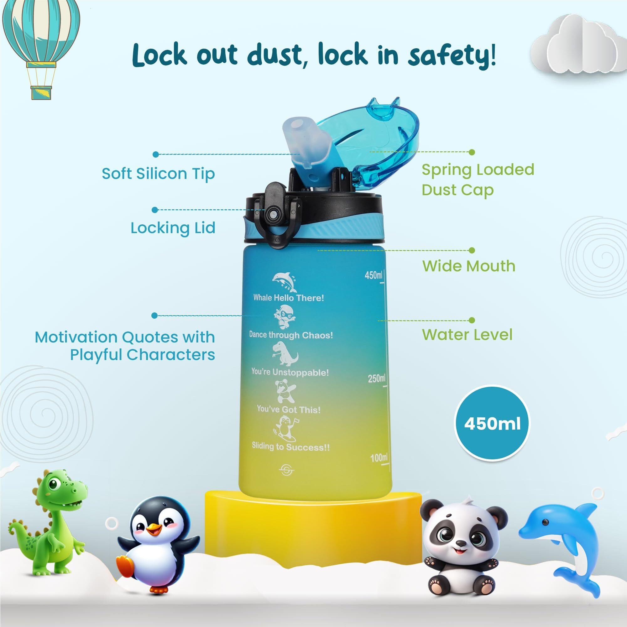SOLARA 500ML Sipper Water Bottle with Motivational Time Marker, Sipper Bottle for Kids, Water bottle for Home, School | Yellow Blue | 500 ML