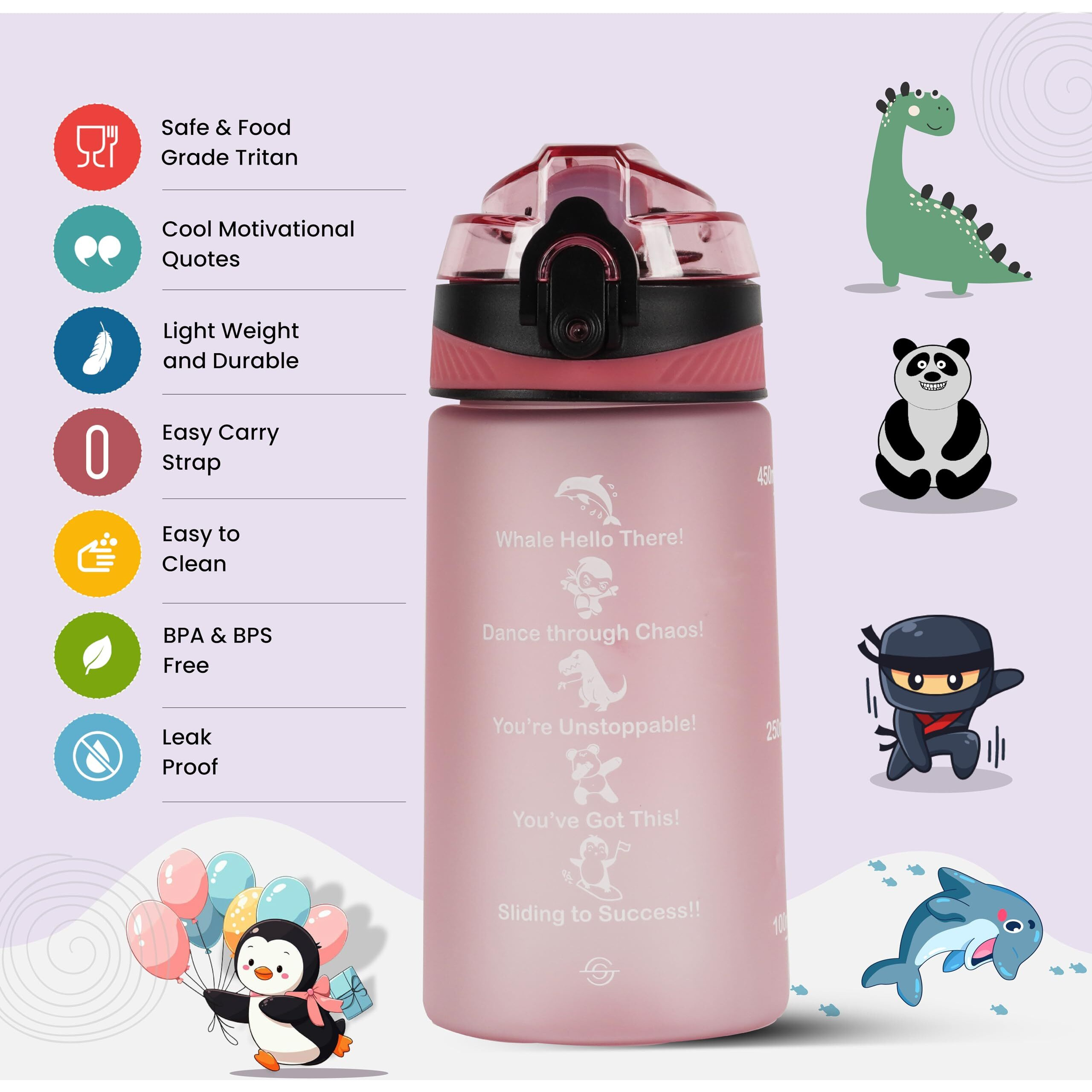 SOLARA 500ML Sipper Water Bottle with Motivational Time Marker, Sipper Bottle for Kids, Water bottle for Home, School | Pearly Pink | 500 ML