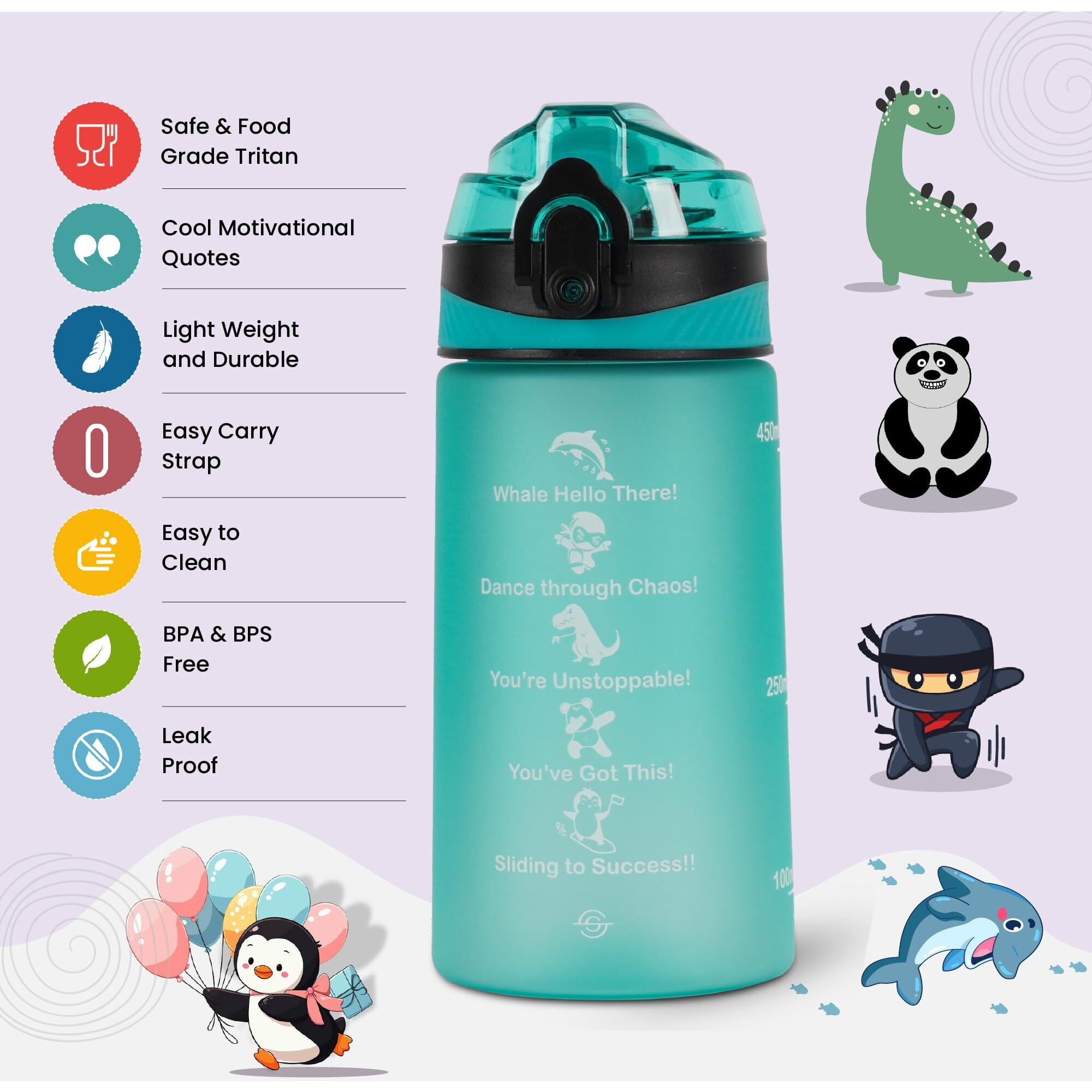 SOLARA 500ML Sipper Water Bottle with Motivational Time Marker, Sipper Bottle for Kids, Water bottle for Home, School | Cool Aqua | 500 ML