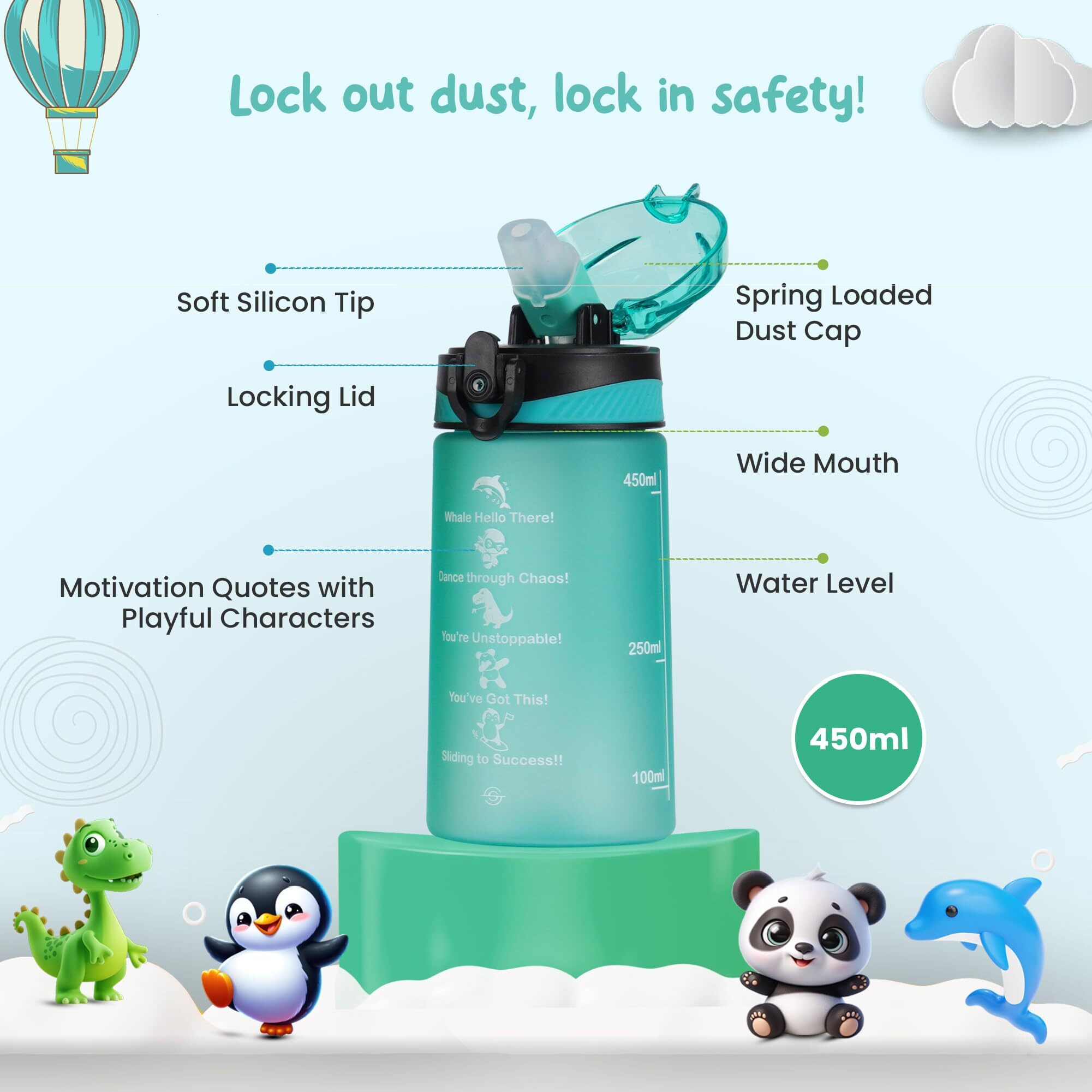 SOLARA 500ML Sipper Water Bottle with Motivational Time Marker, Sipper Bottle for Kids, Water bottle for Home, School | Cool Aqua | 500 ML