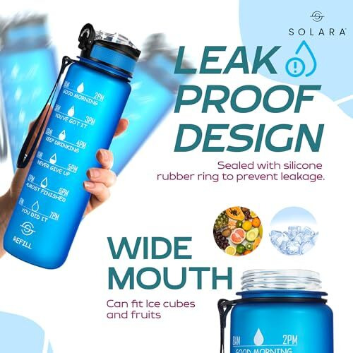 SOLARA 1Liter Sipper Water Bottle with Motivational Time Marker, Sipper Bottle for Adults, Water bottle for Gym, Office, Mobile app with Drinking water reminder, Blue Boss, 1 Litre