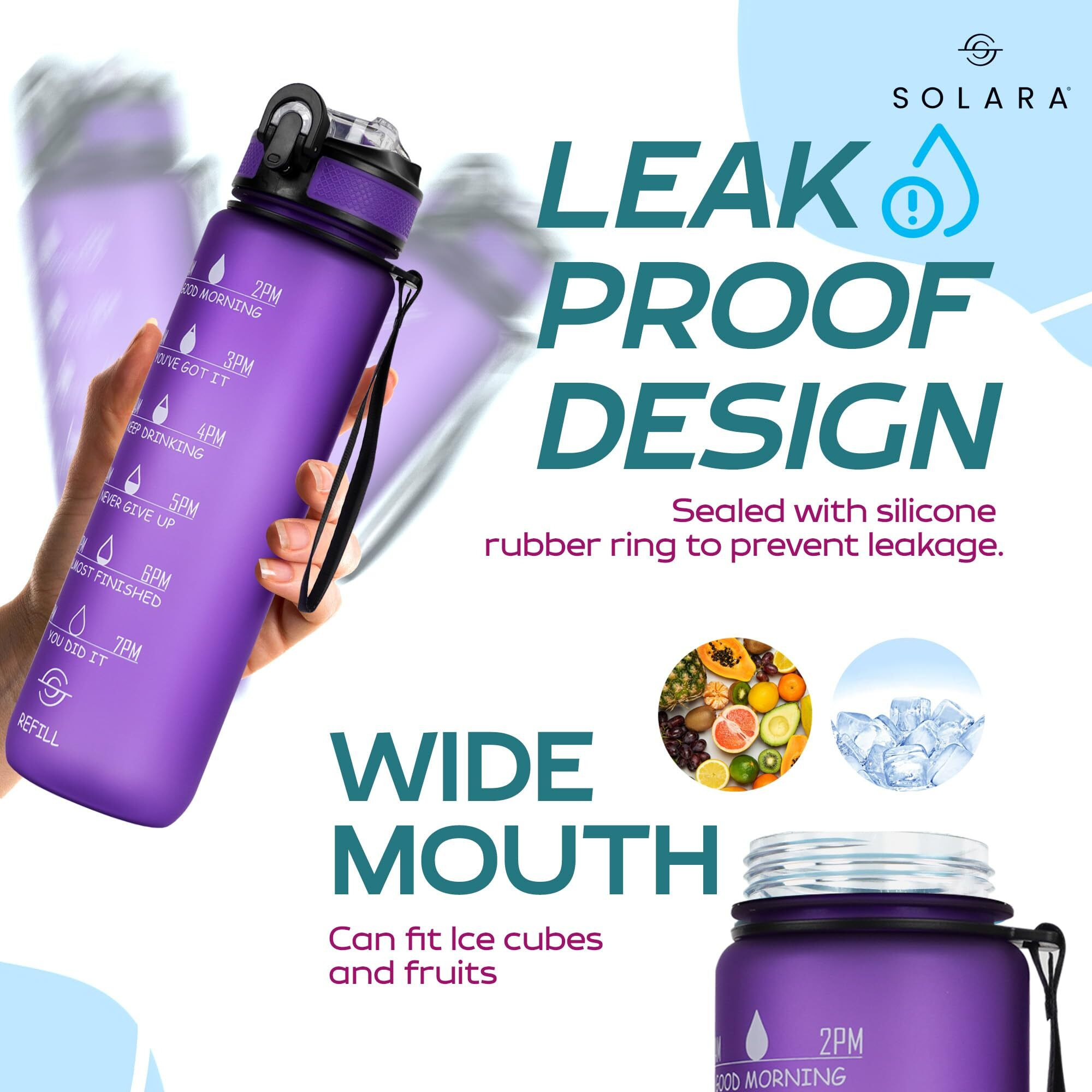 SOLARA 1L Sipper Water Bottle with Motivational Time Marker, Sipper Bottle for Adults, Water bottle for Gym, Office, Mobile app with Drinking water reminder, Purple Love, 1 Litre