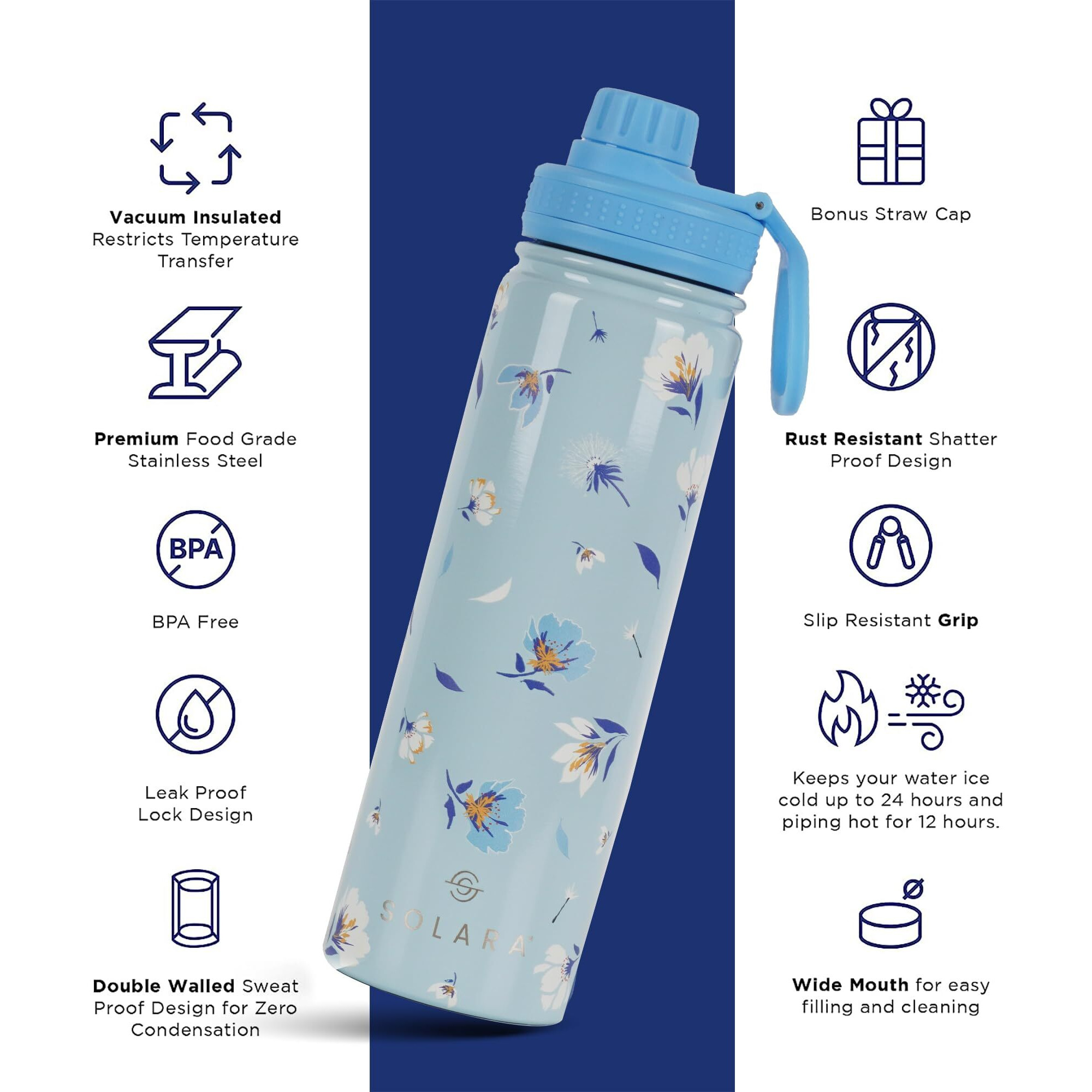 SOLARA Insulated Water Bottle 650ml, Hot Water Bottle, Hot and Cold Thermosteel Bottle for Travel, Home, Office, School, Hot and Cold Sipper Bottle, Blue Blossoms