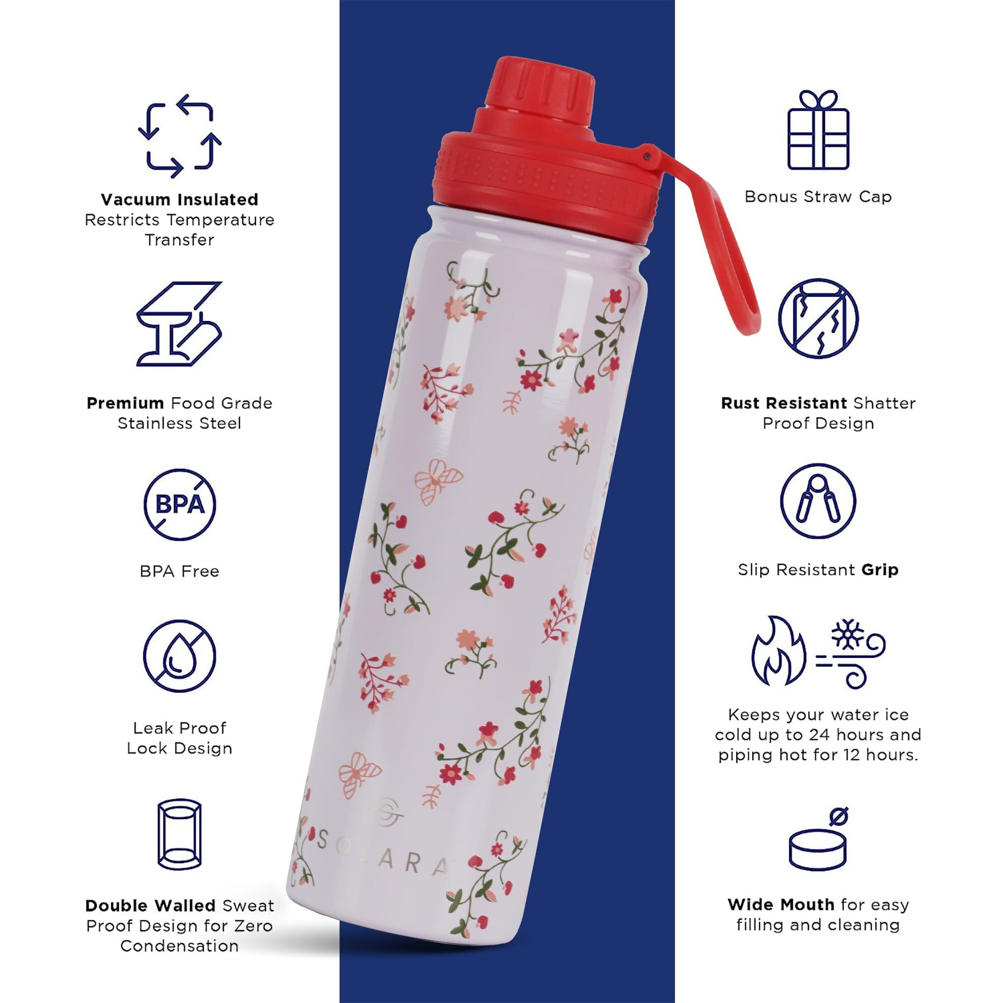 SOLARA Insulated Water Bottle 650ml | Hot Water Bottle | Hot and Cold Thermosteel Bottle for Travel, Home, Office, School | Hot and Cold Sipper Bottle | Pink Vines