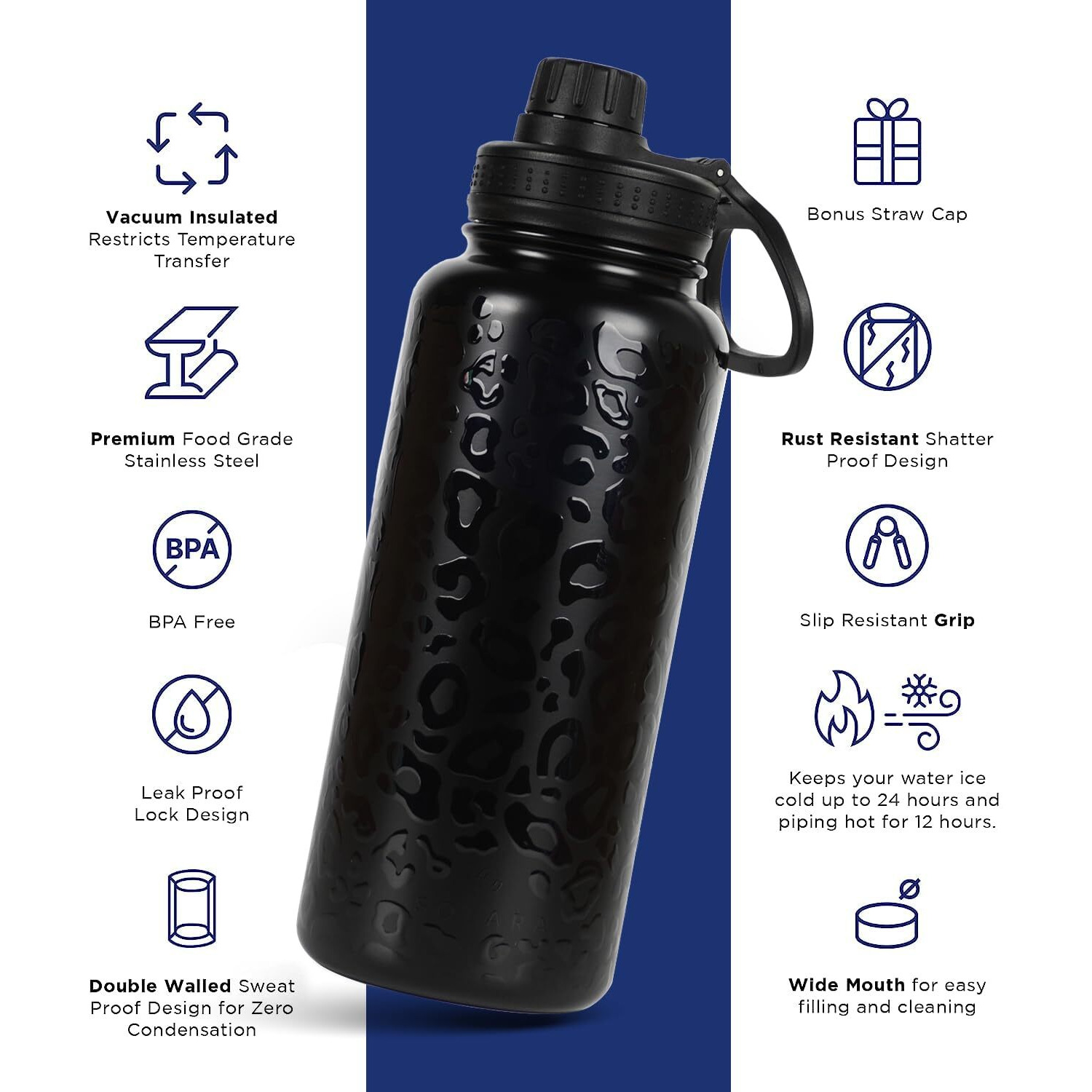 SOLARA Insulated Water Bottle 1 Liter, Hot Water Bottle, Hot and Cold Thermosteel Bottle for Travel, Home, Office, School, Hot and Cold Sipper Bottle, Black Leopard
