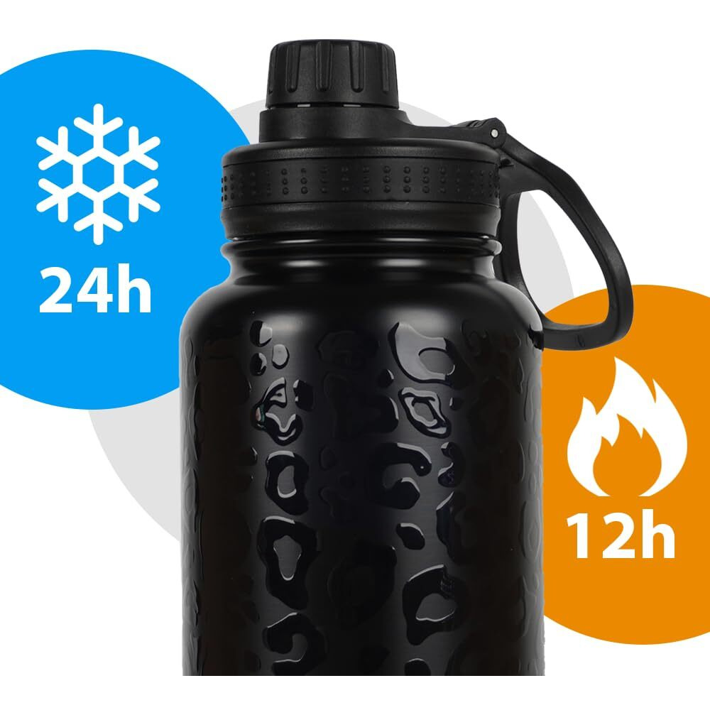 SOLARA Insulated Water Bottle 1 Liter, Hot Water Bottle, Hot and Cold Thermosteel Bottle for Travel, Home, Office, School, Hot and Cold Sipper Bottle, Black Leopard