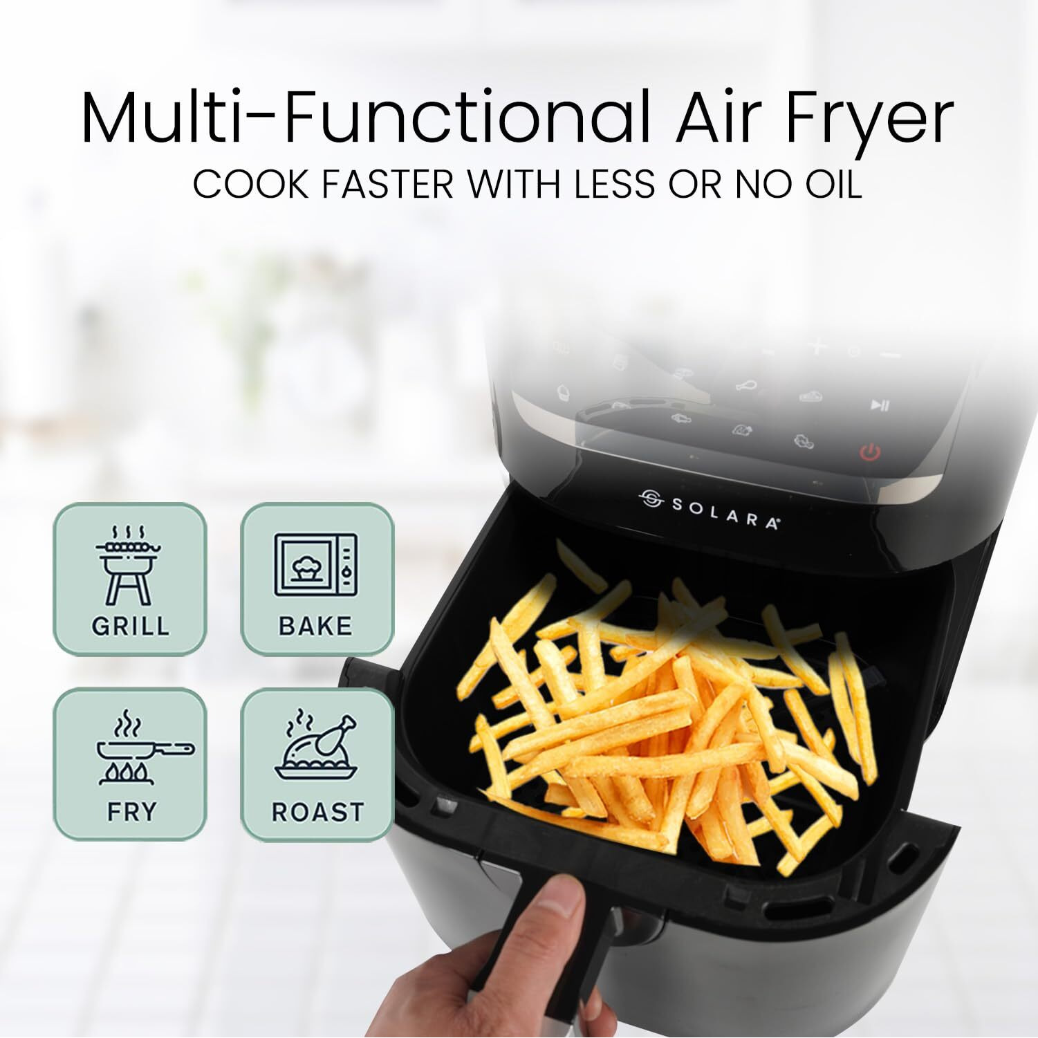 SOLARA Large Digital Air Fryer for Home Kitchen with 10 Pre set modes for Indian cooking, 4.5L basket,1500 Watts, Mobile app with 100+ recipe eBook and Videos, Black, Large (4.5L)