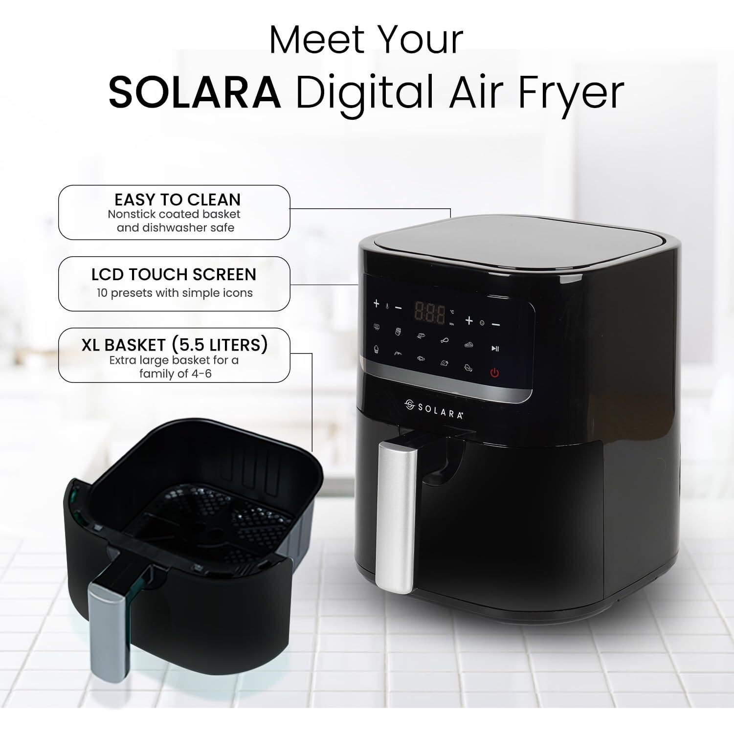 SOLARA Large Digital Air Fryer for Home Kitchen with 10 Pre set modes for Indian cooking, 4.5L basket,1500 Watts, Mobile app with 100+ recipe eBook and Videos, Black, Large (4.5L)