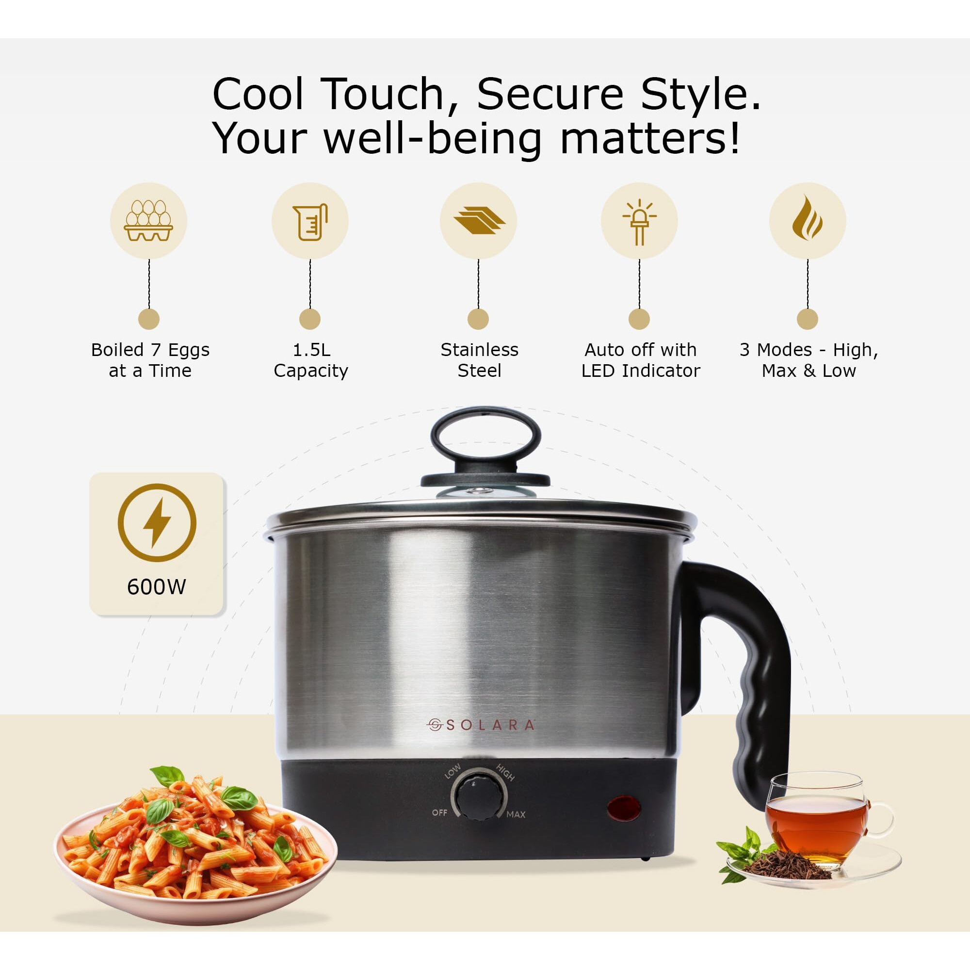 SOLARA Multipurpose Electric Kettle 1.5 litre, Stainless Steel Body with Glass Lid, kettle for hot Water, milk, Tea and Coffee, Egg boiler machine, Kettle for cooking Oats, Noodles, Soup | Black