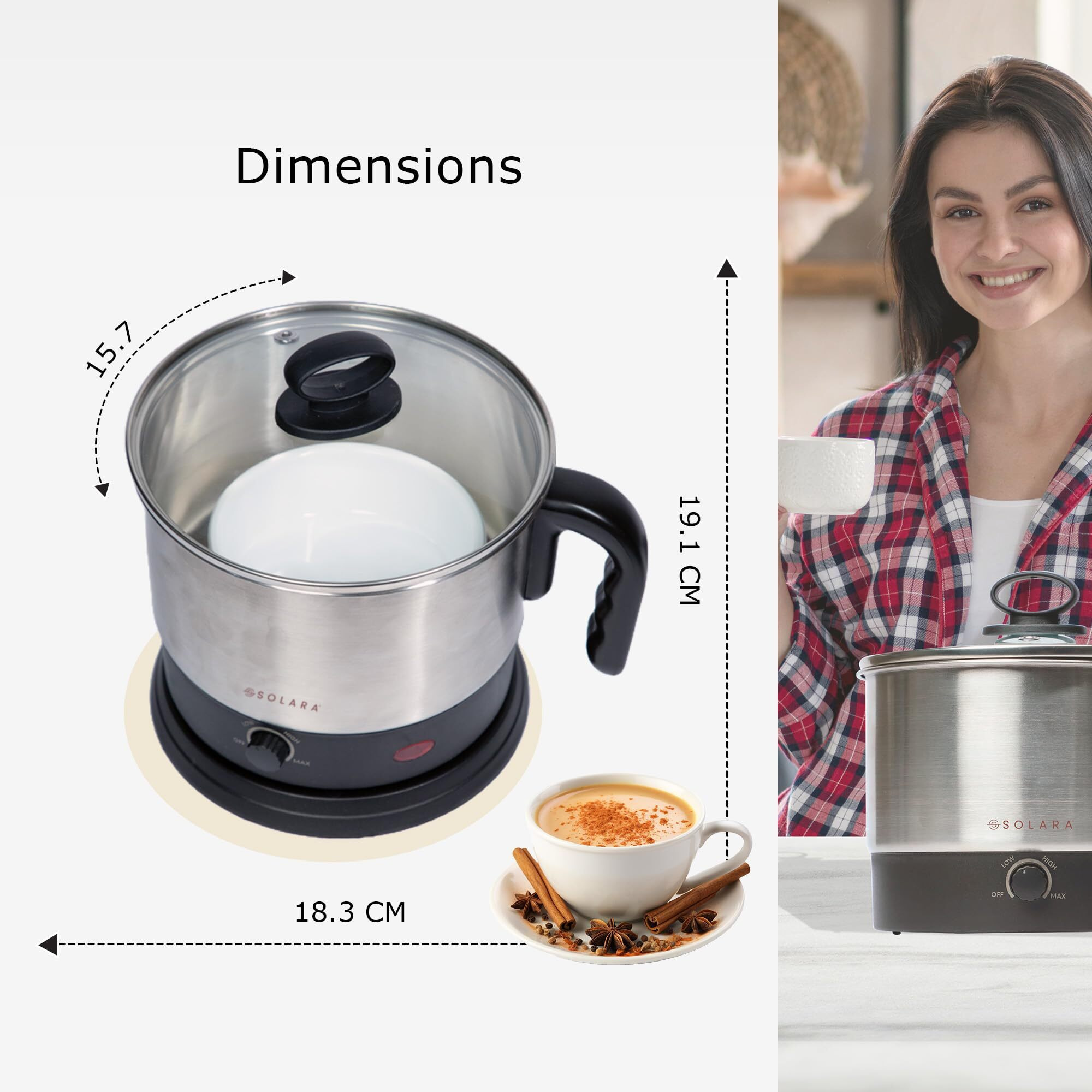 SOLARA Multipurpose Electric Kettle 1.5 litre, Stainless Steel Body with Glass Lid, kettle for hot Water, milk, Tea and Coffee, Egg boiler machine, Kettle for cooking Oats, Noodles, Soup | Black
