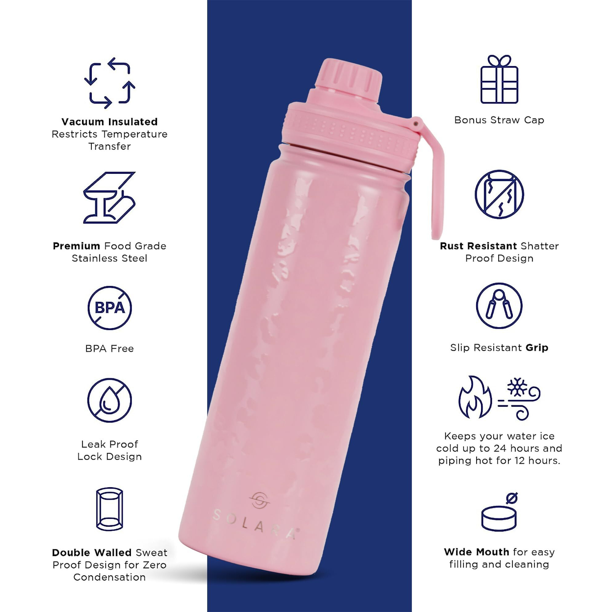 SOLARA Insulated Water Bottle 650ml, Hot Water Bottle, Thermosteel Water Bottle for Travel, Home, Office, School, Gym, Adults, Water Bottle Hot and Cold, Sipper Bottle, Pink Leopard