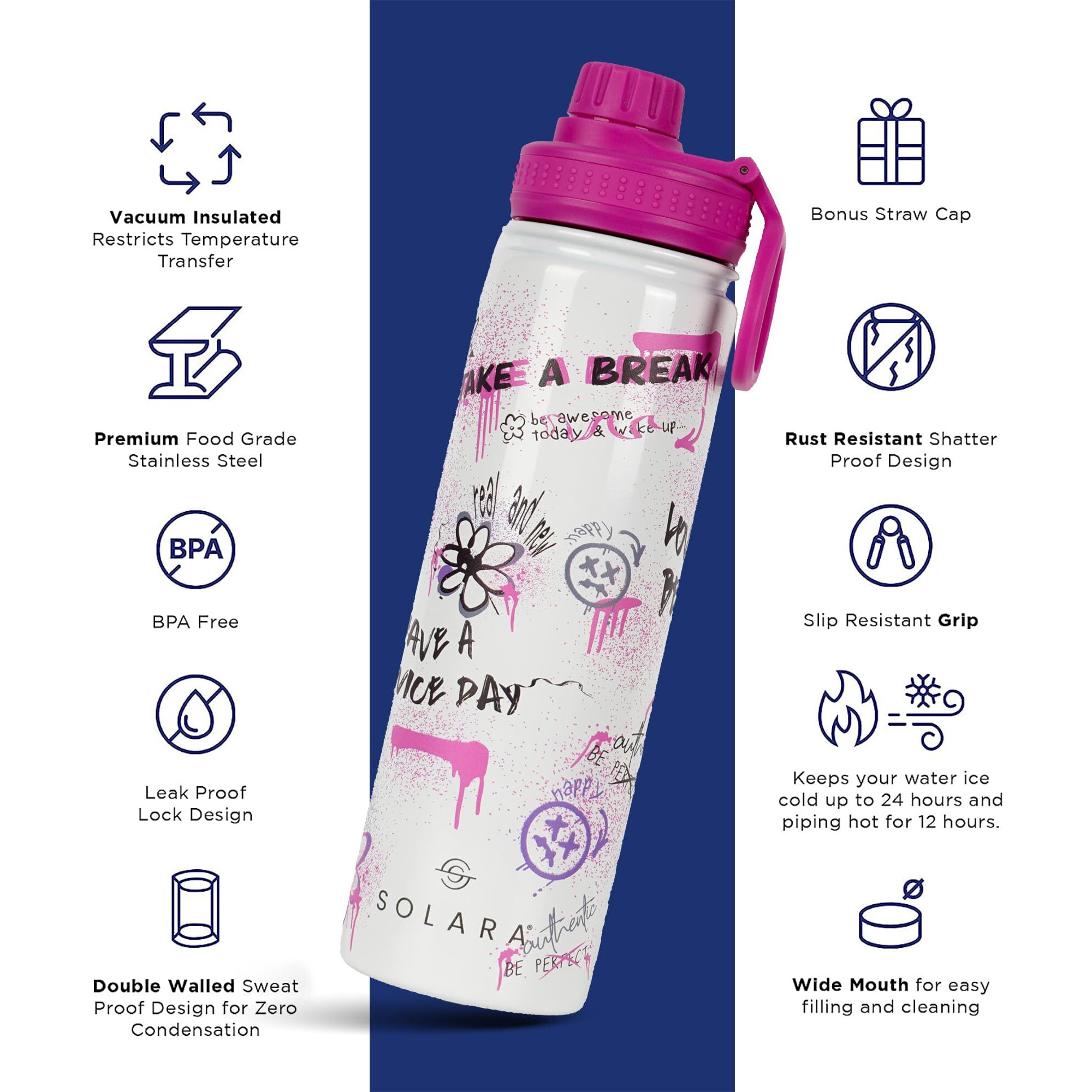 SOLARA Insulated Water Bottle 650ml, Hot Water Bottle, Thermosteel Water Bottle for Travel, Home, Office, School, Gym, Adults, Water Bottle Hot and Cold, Sipper Bottle, Street Vibes