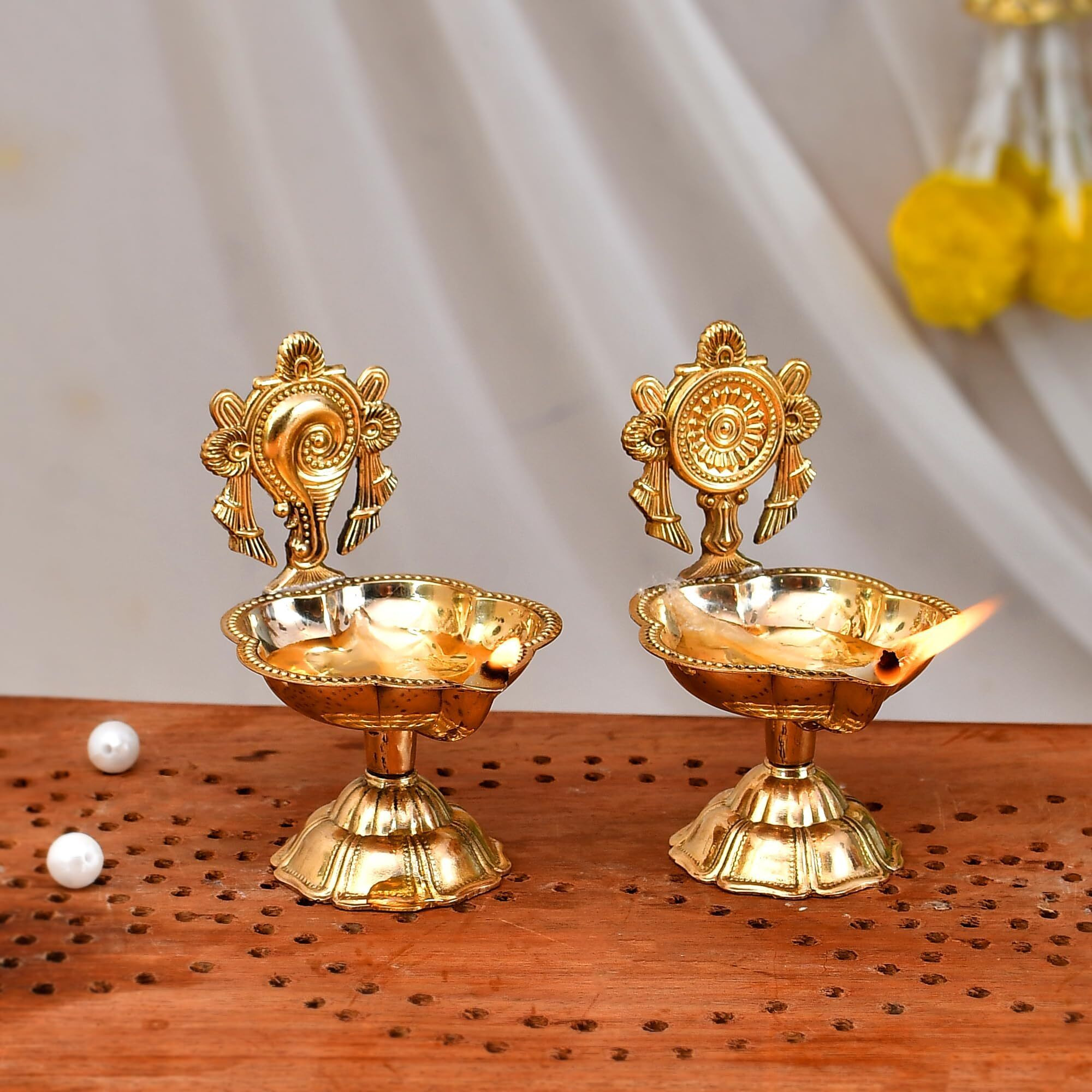 Craftvatika Pure Brass Shanku Chakra kuber Diya Set of 20 Diwali Decoration Item for Home Decor - Brass shanku chakra kuber diya for puja Room & Office Decor, Living Room, Diwali Festival Gift Item