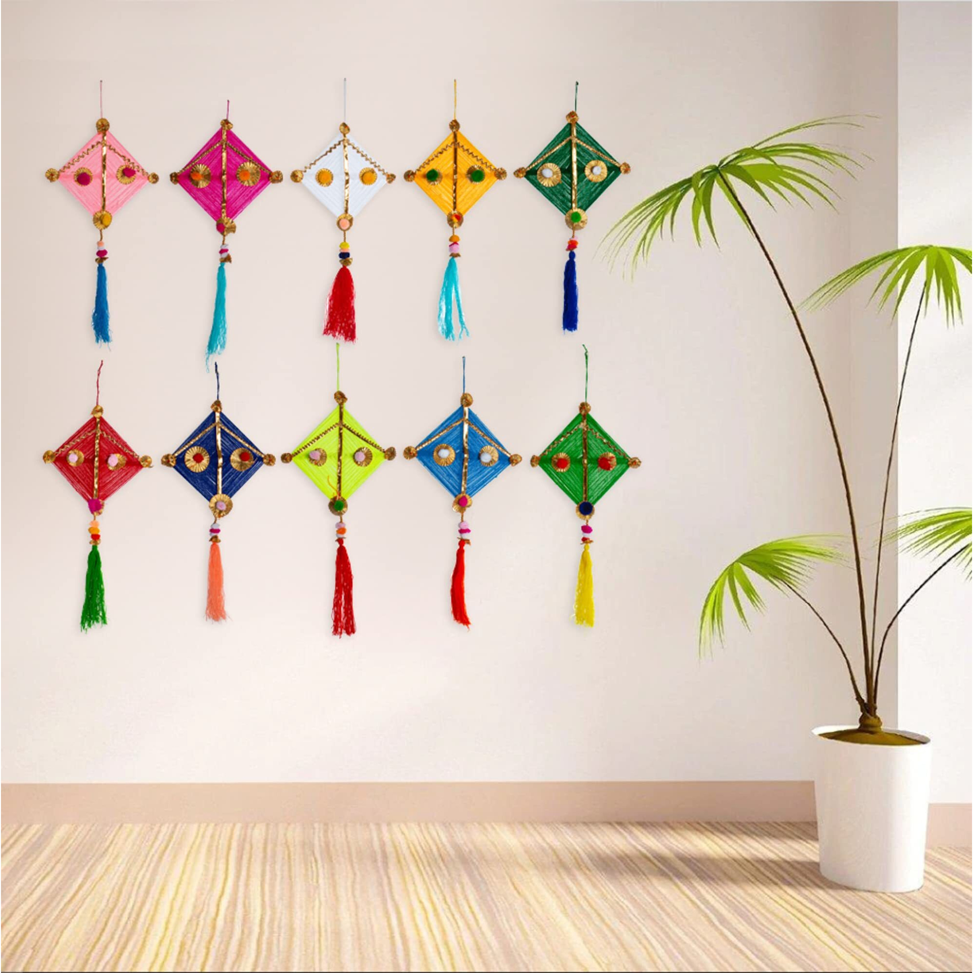 JH Gallery Woolen Handmade Colorful Kite Hanging Decoration for Wall/Door Hanging Home Decor (Pack of 10), Multicolour