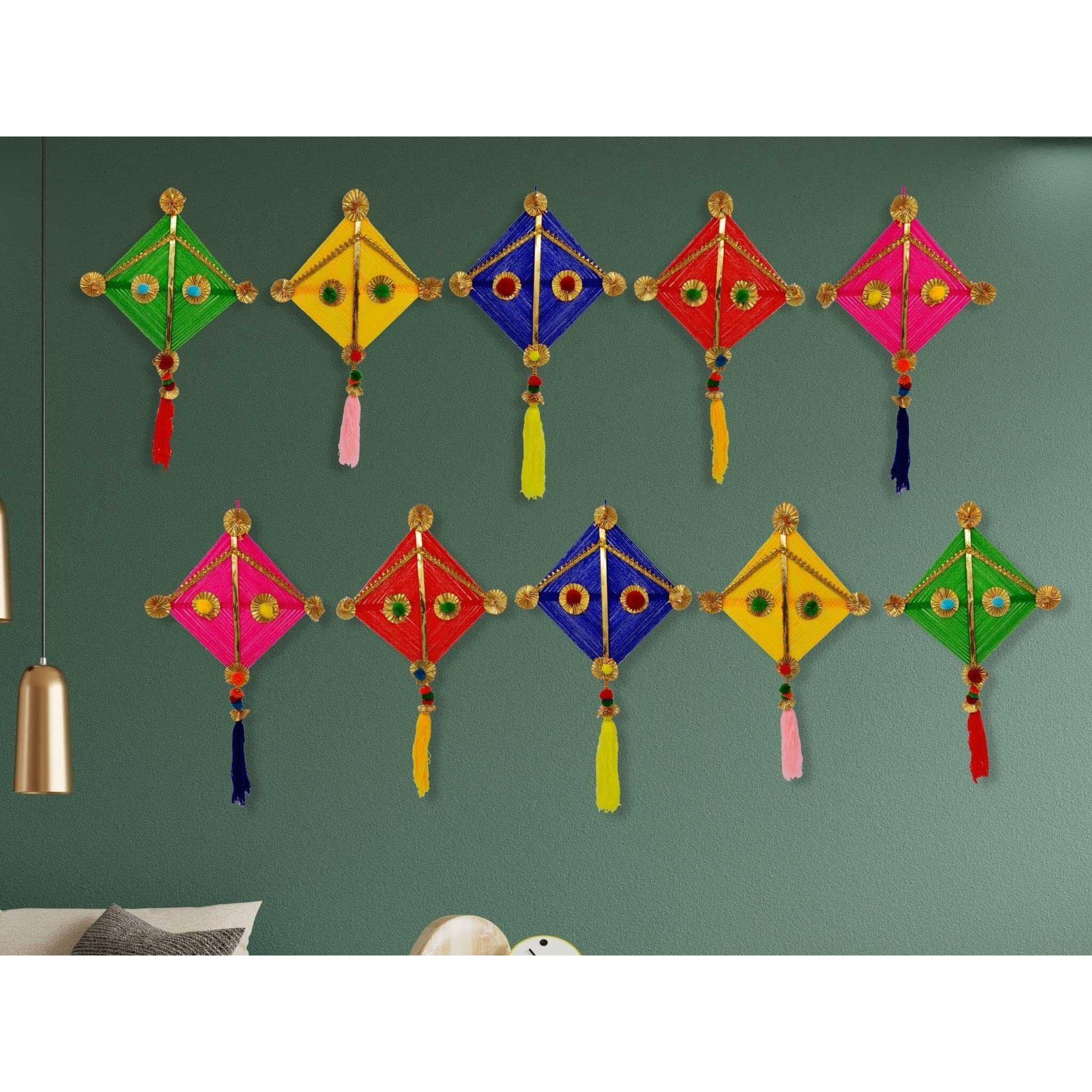 JH Gallery Woolen Handmade Colorful Kite Hanging Decoration for Wall/Door Hanging Home Decor (Pack of 10), Multicolour