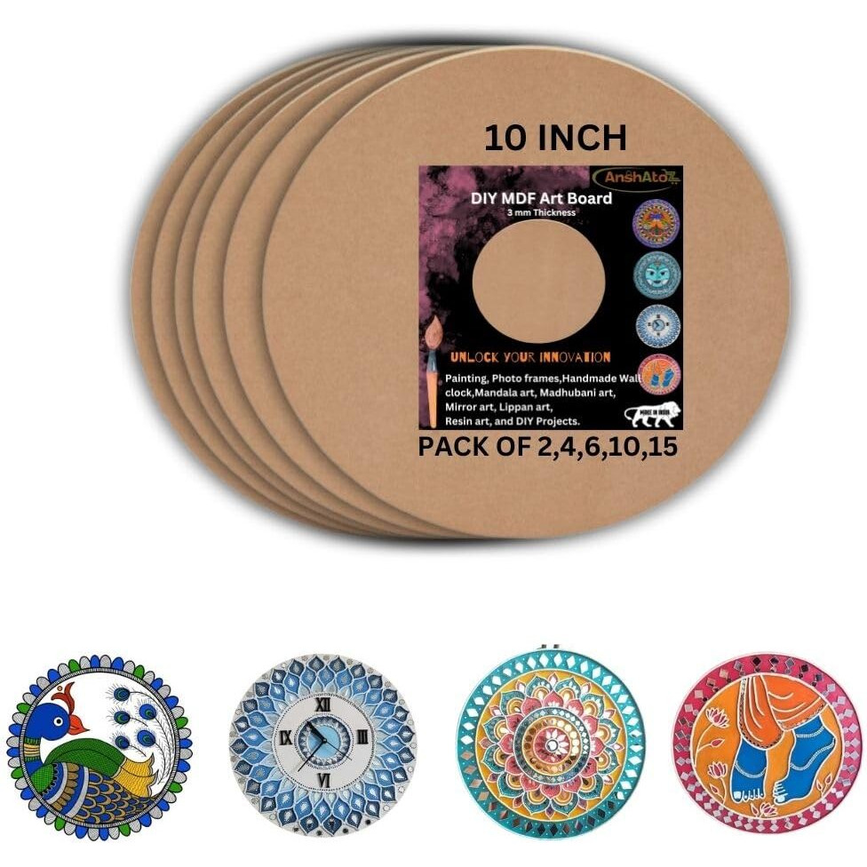 Anshatoz Round Wooden Canvas 10 inch MDF Art Board Sheet 3mm Used for Art, Craft, Painting, Mandala,Resin,Lippan Art, Decoration,Cake Base,Children Creativity DIY Set (Pack of2)
