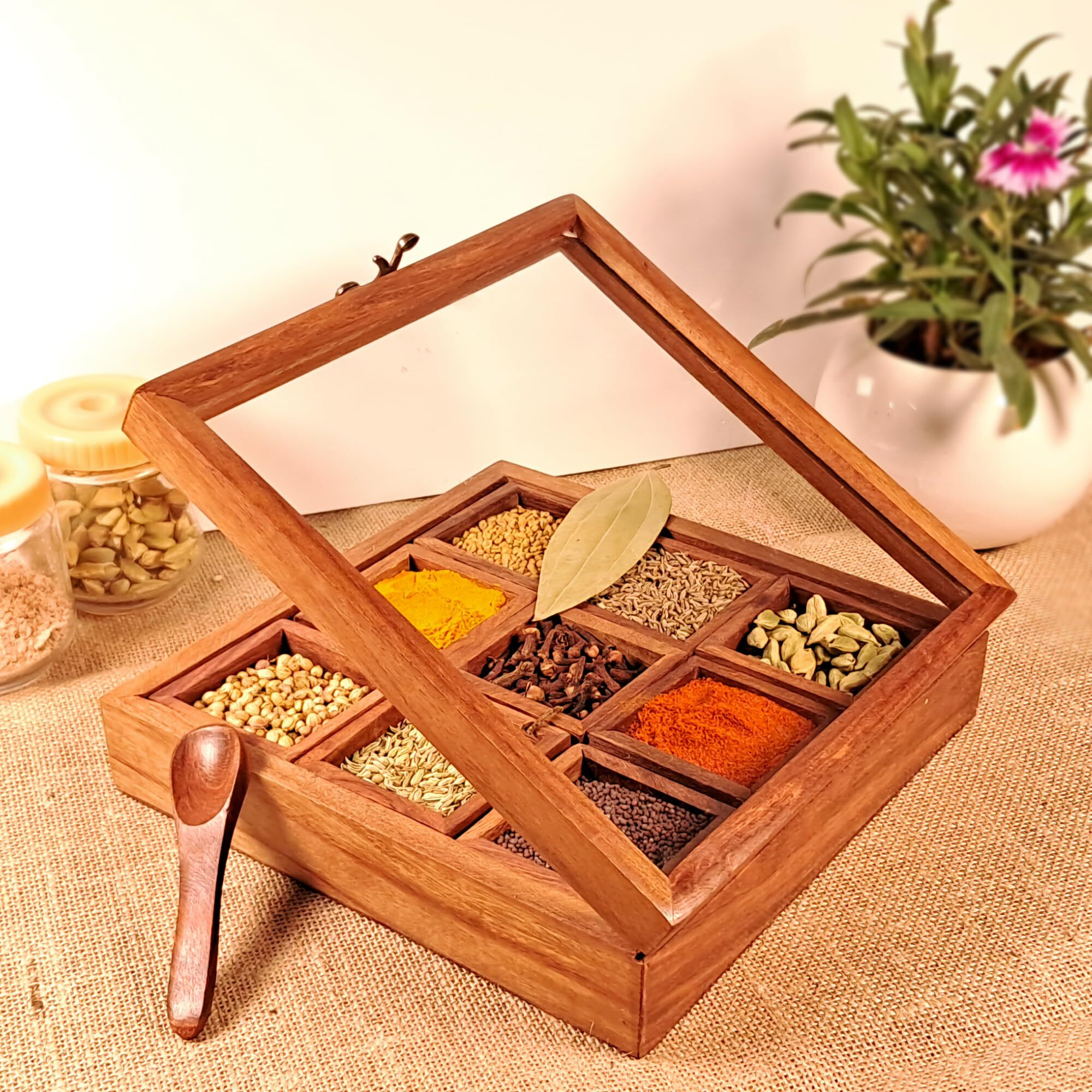 LUXE EEM Sheesham Wooden Spice Box for Kitchen - Decorative Handmade Masala Dabba Organizer with Spoon & 9 Containers - Wooden Masala Box, Wooden Box, Boxes for Kitchen, Wood Spice Box,Wood Box (Std)