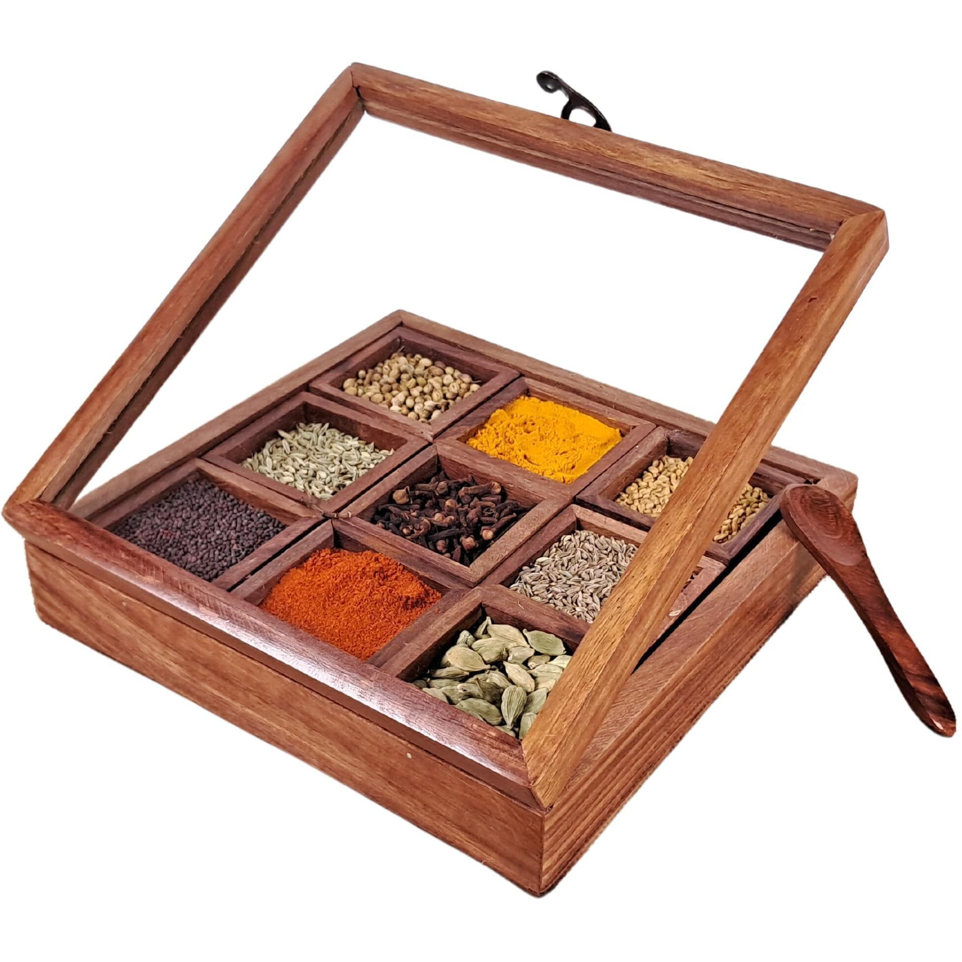 LUXE EEM Sheesham Wooden Spice Box for Kitchen - Decorative Handmade Masala Dabba Organizer with Spoon & 9 Containers - Wooden Masala Box, Wooden Box, Boxes for Kitchen, Wood Spice Box,Wood Box (Std)