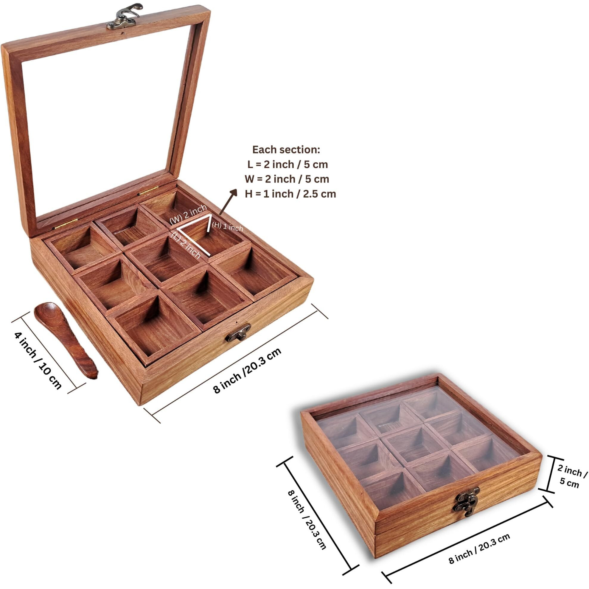 LUXE EEM Sheesham Wooden Spice Box for Kitchen - Decorative Handmade Masala Dabba Organizer with Spoon & 9 Containers - Wooden Masala Box, Wooden Box, Boxes for Kitchen, Wood Spice Box,Wood Box (Std)