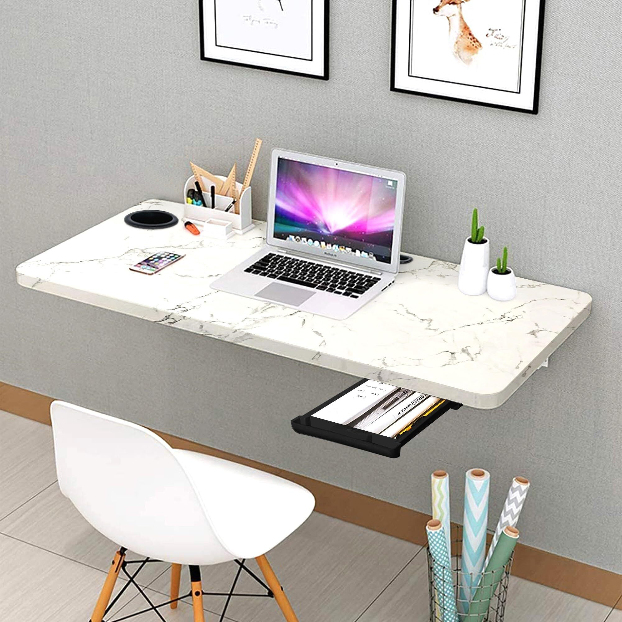 QARA 31x18.5 inches Wooden Wall Mounted Folding Study Table| Wall Mount Table with Cup Holder & Drawer | Foldable Laptop Desk for Home and Office Computer| Italian Marble