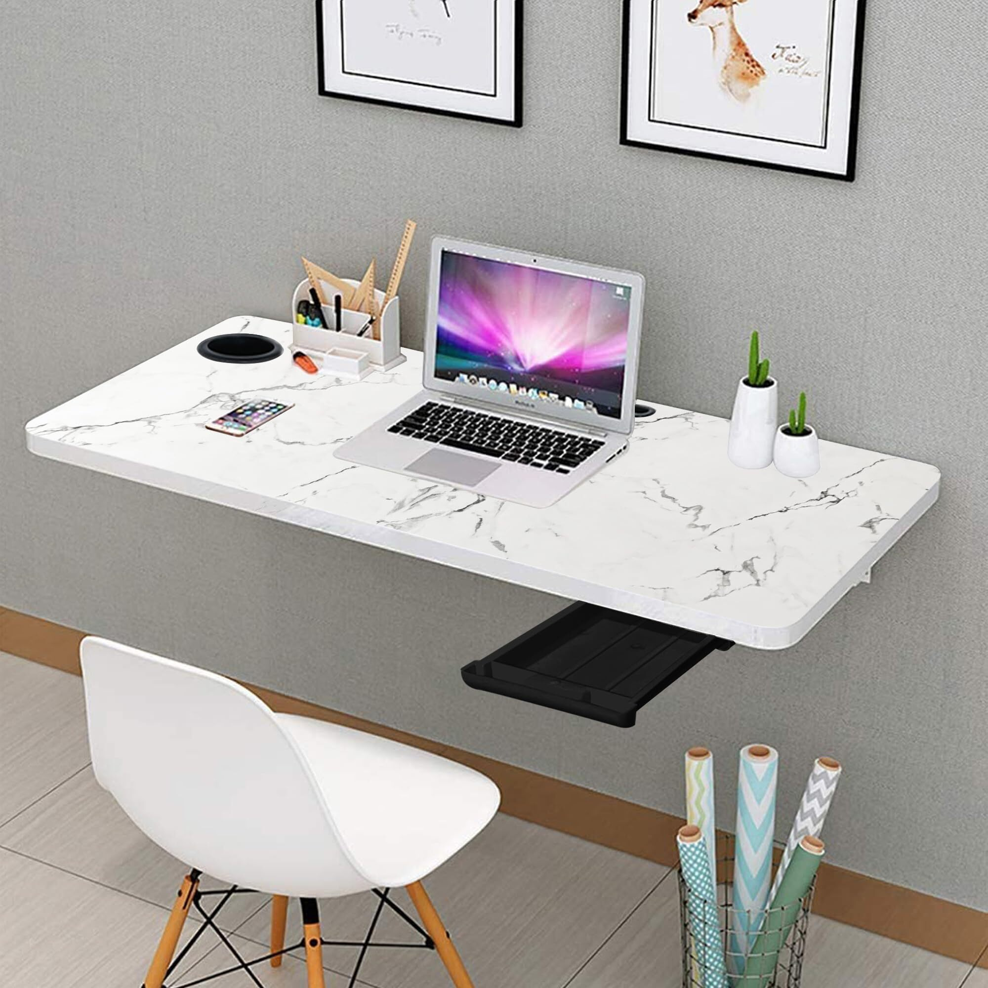 QARA 31x18.5 inches Wooden Wall Mounted Folding Study Table| Wall Mount Table with Cup Holder & Drawer | Foldable Laptop Desk for Home and Office Computer| Italian Marble