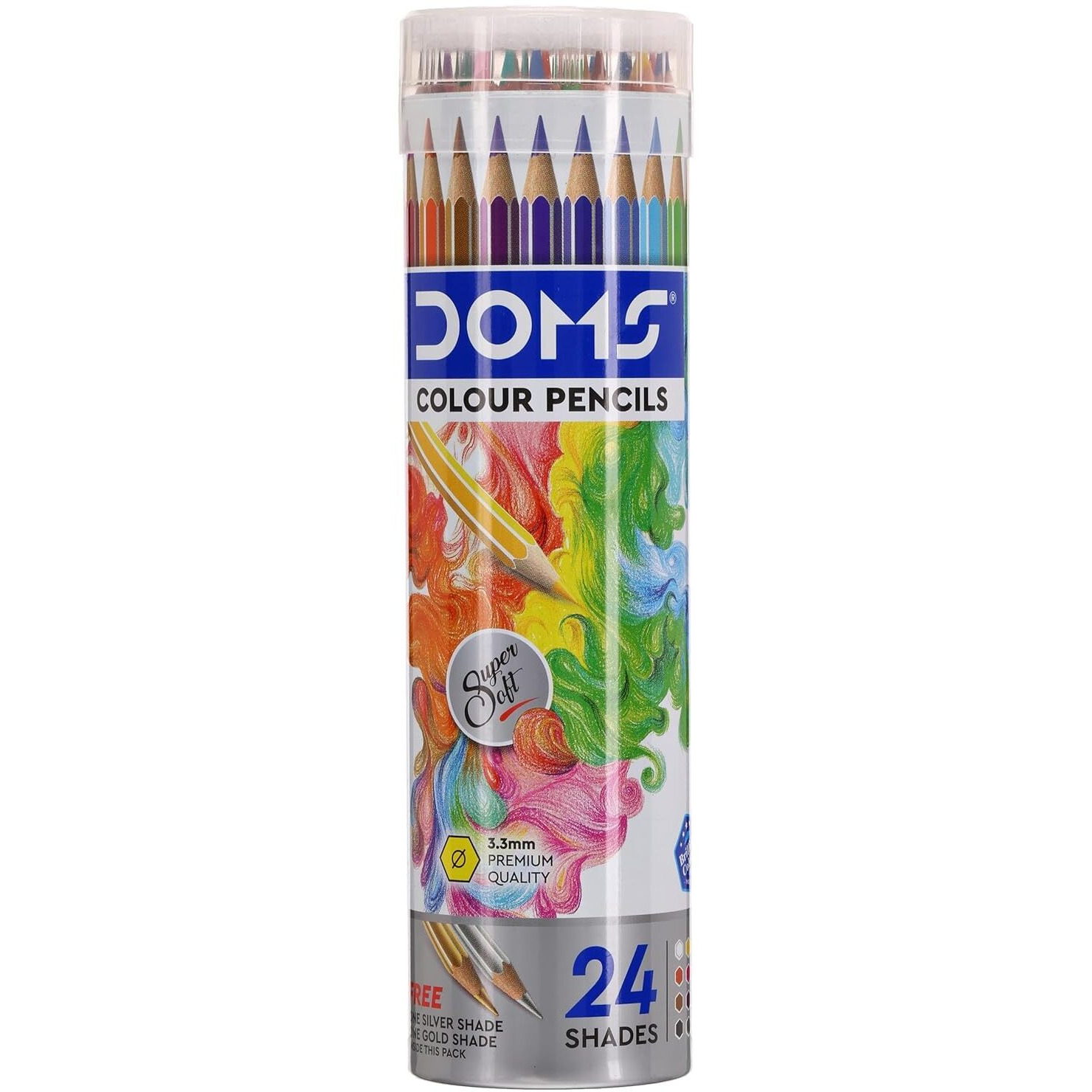 Doms 24 Shades Super Soft Color Pencils Round Tin Box | Smooth Color Application | For Blending & Experimenting Different Art Strokes | Free Gold & Silver Color Pencil Inside | Non-Toxic & Safe For Childrens | Pack of 1