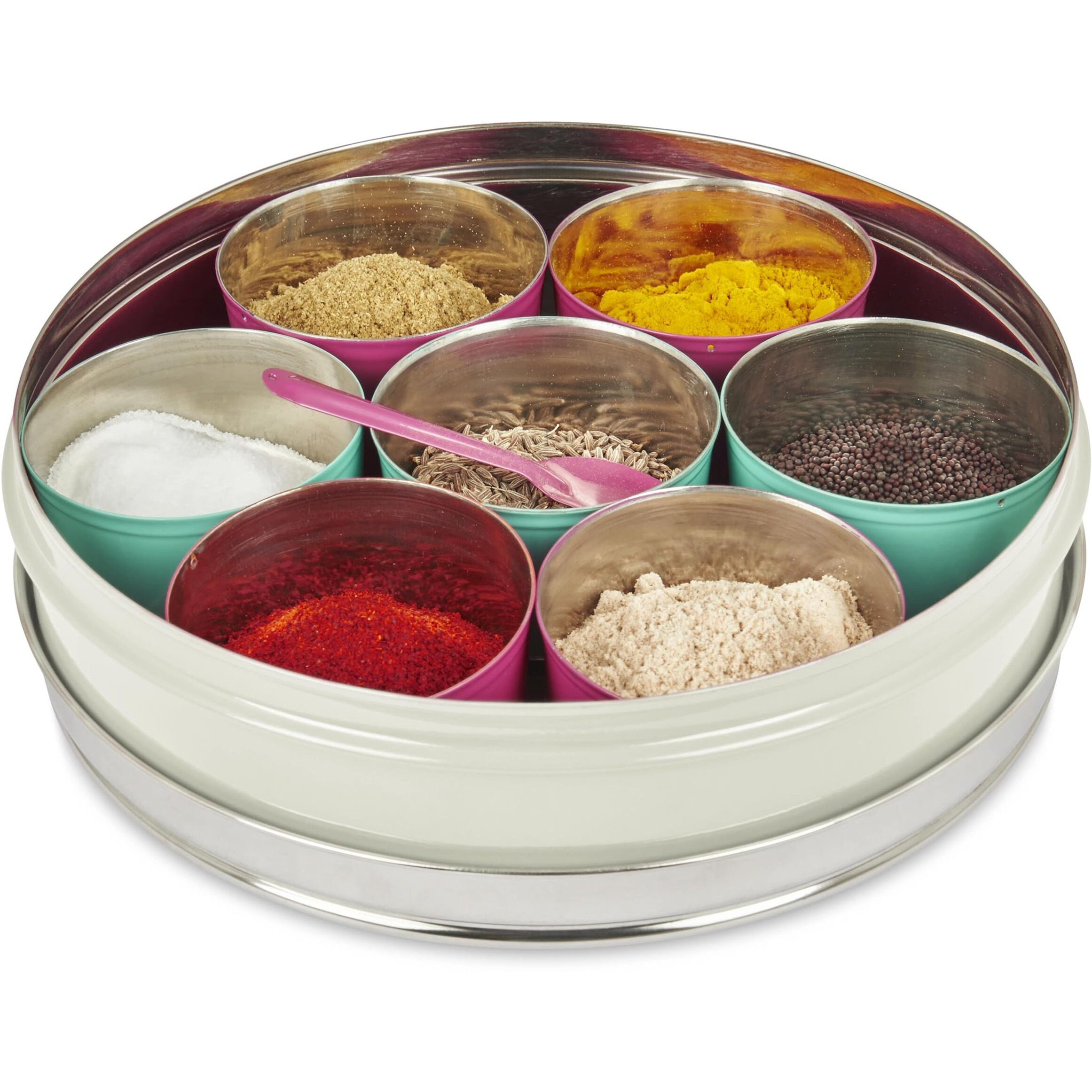 Elan Special Discounted Combo Of Spice Box With 7 Compartments, Oil Dispenser, And Roti Box (Off White, Stainless Steel, Pack Of 3), Beige