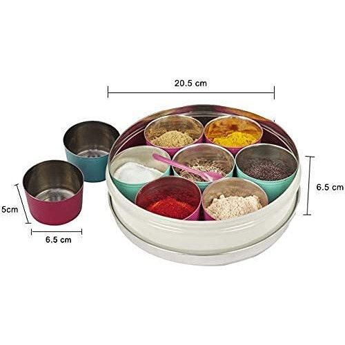 Elan Special Discounted Combo Of Spice Box With 7 Compartments, Oil Dispenser, And Roti Box (Off White, Stainless Steel, Pack Of 3), Beige