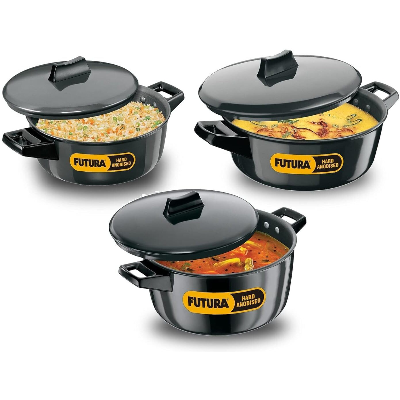 Hawkins Futura Hard Anodised Aluminum Cook-N-Serve Bowl with Hard Anodised Lid,-3 Pcs Set, Black (2,3 and 5 litre)