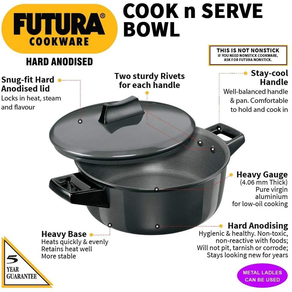 Hawkins Futura Hard Anodised Aluminum Cook-N-Serve Bowl with Hard Anodised Lid,-3 Pcs Set, Black (2,3 and 5 litre)
