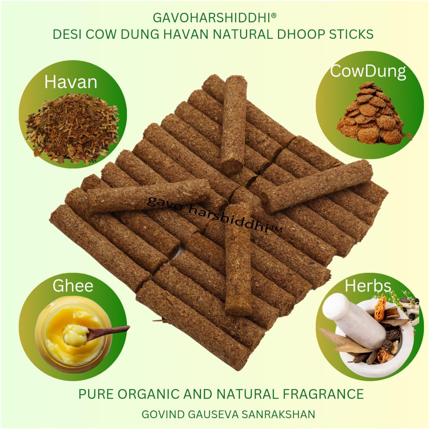 GAVO HARSHIDDHI Natural Cow Dung Spl Havan Dhoop Batti - 240 Pieces Natural Organic Herbs Incense Dhoop Sticks for Puja Hawan Prayer 2.5 inches