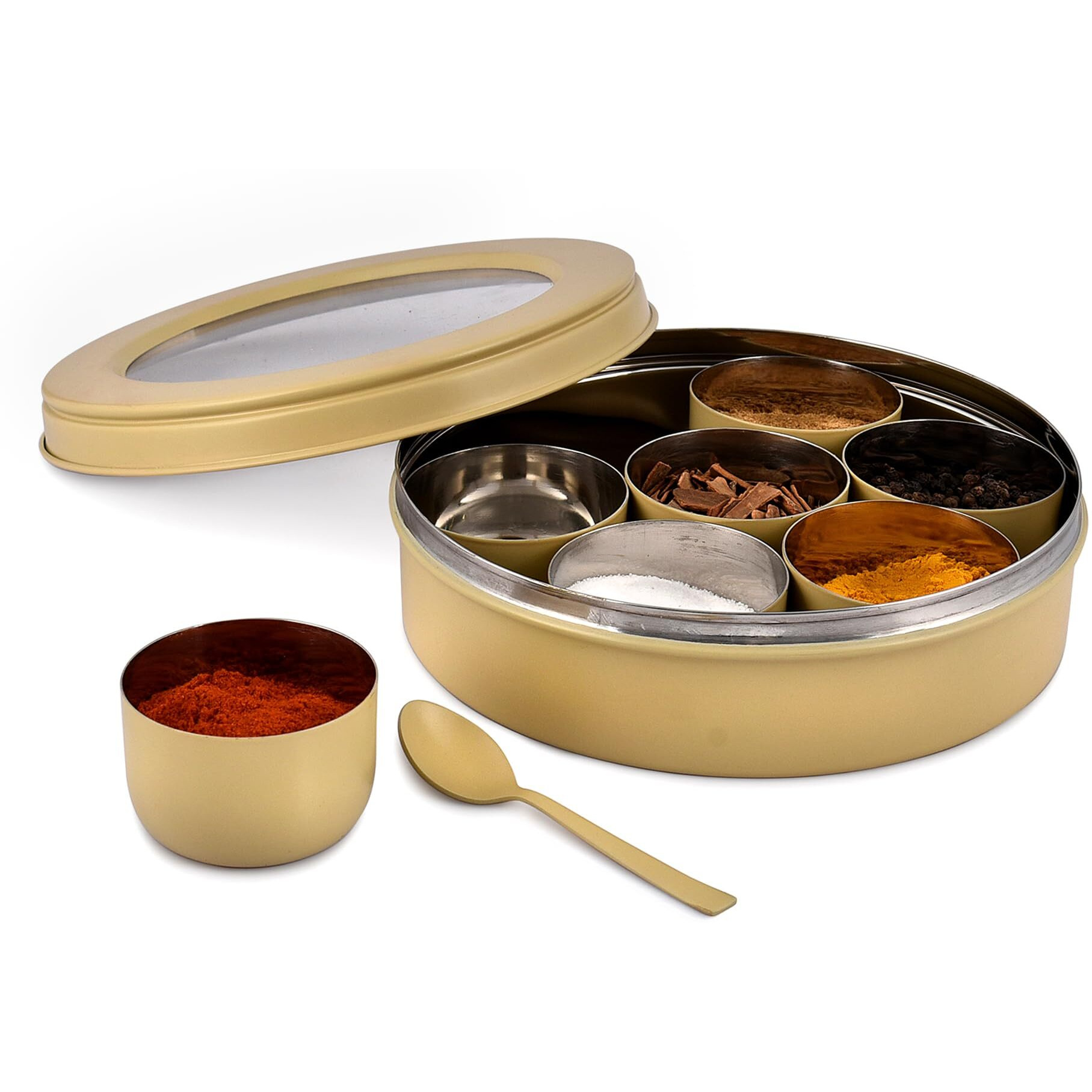 Elan 7 Compartment Multipurpose Air-Tight Stainless Steel See Through Round Colorful Spice Box/Popula Dabba with Lid and Spoon | Daisy Yellow, 1500 ml