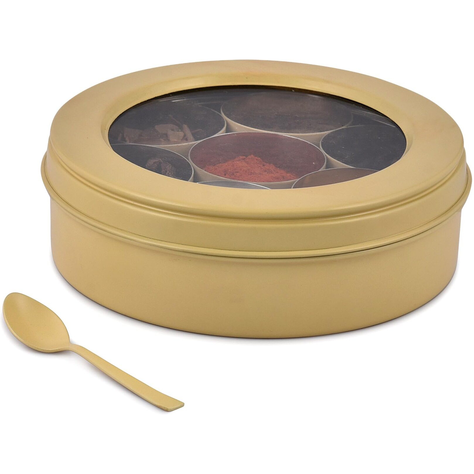 Elan 7 Compartment Multipurpose Air-Tight Stainless Steel See Through Round Colorful Spice Box/Popula Dabba with Lid and Spoon | Daisy Yellow, 1500 ml