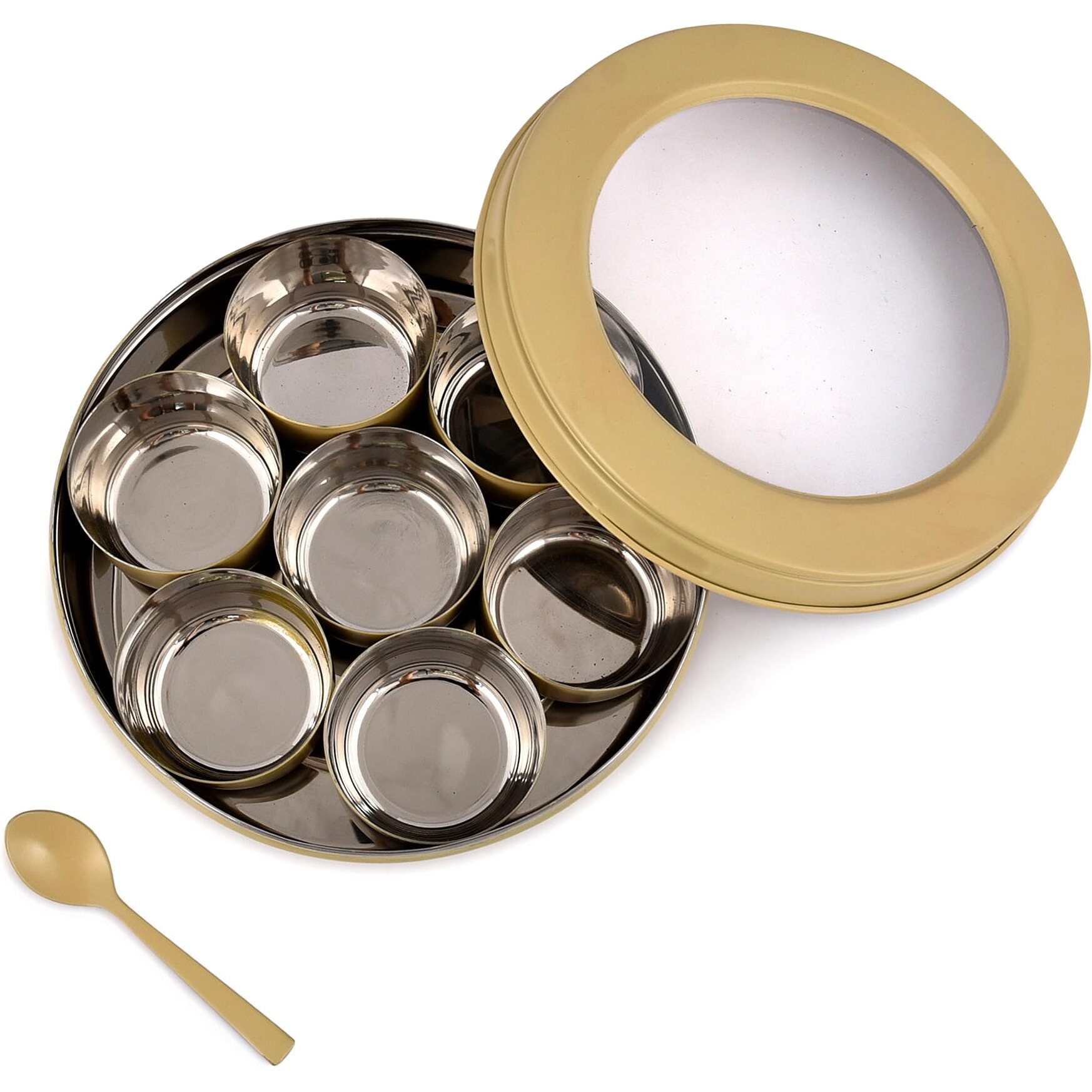 Elan 7 Compartment Multipurpose Air-Tight Stainless Steel See Through Round Colorful Spice Box/Popula Dabba with Lid and Spoon | Daisy Yellow, 1500 ml