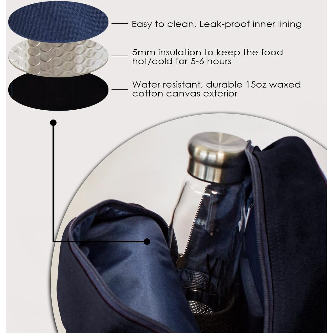 EcoRight Cotton Canvas Lunch Bag with Bottle Holder (Navy Blue, 703)