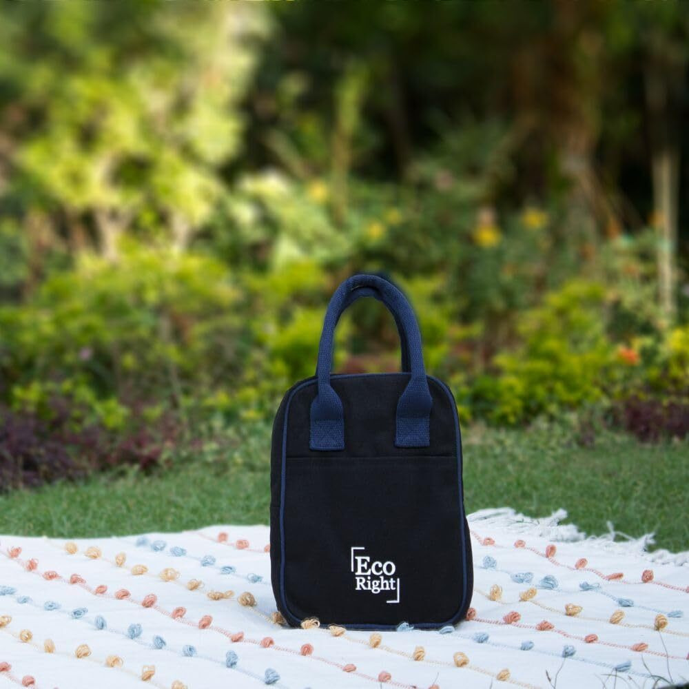 EcoRight Cotton Canvas Lunch Bag with Bottle Holder (Navy Blue, 703)